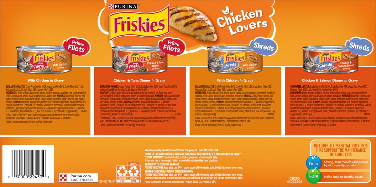 slide 7 of 9, Friskies Purina Friskies Gravy Wet Cat Food Variety Pack, Chicken Lovers Prime Filets & Shreds - (32) 5.5 oz. Cans, 32 ct