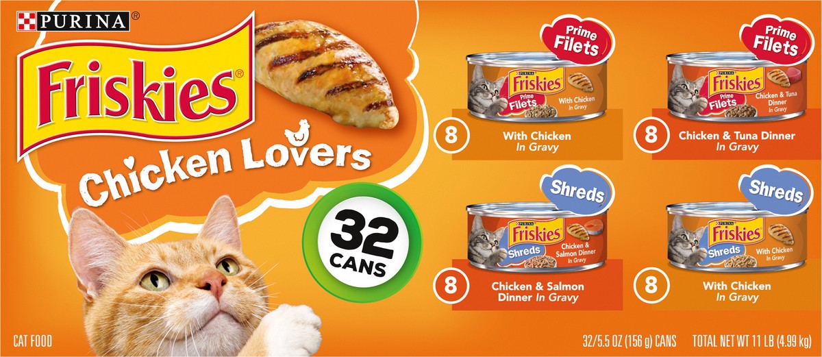 slide 3 of 9, Friskies Purina Friskies Gravy Wet Cat Food Variety Pack, Chicken Lovers Prime Filets & Shreds - (32) 5.5 oz. Cans, 32 ct