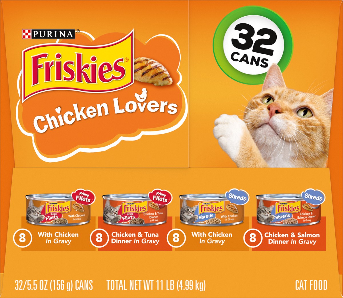 slide 5 of 9, Friskies Purina Friskies Gravy Wet Cat Food Variety Pack, Chicken Lovers Prime Filets & Shreds - (32) 5.5 oz. Cans, 32 ct