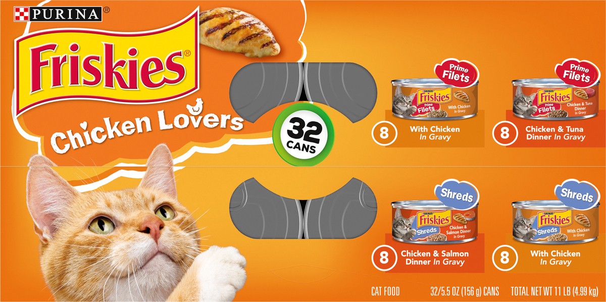 slide 4 of 9, Friskies Purina Friskies Gravy Wet Cat Food Variety Pack, Chicken Lovers Prime Filets & Shreds - (32) 5.5 oz. Cans, 32 ct