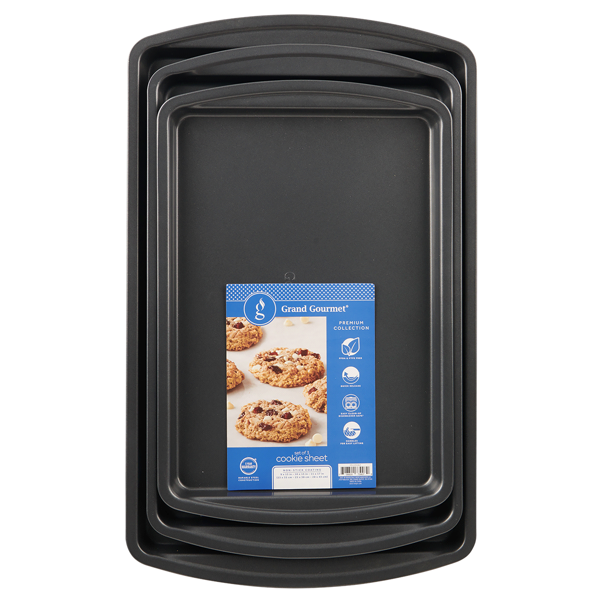 slide 1 of 5, Grand Gourmet Small/Medium/Large Cookie Pan, Dark Grey Set, 3 ct