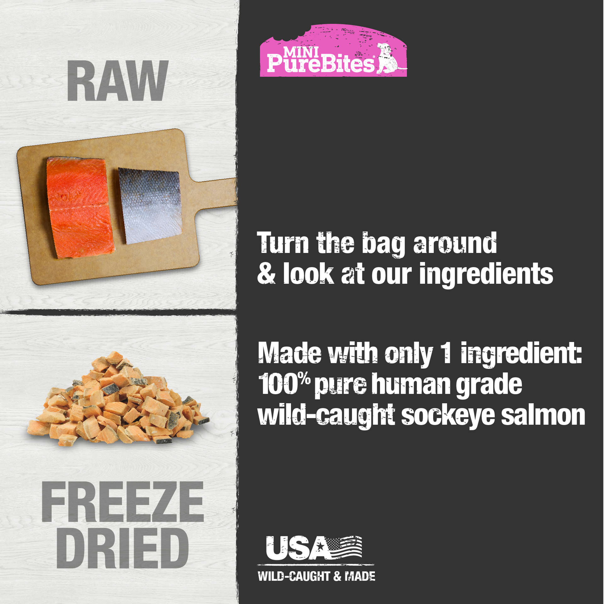 slide 4 of 5, PureBites Mini-PureBites Freeze Dried Salmon Dog Treats | Only 1 ingredient | 49g, 49 g