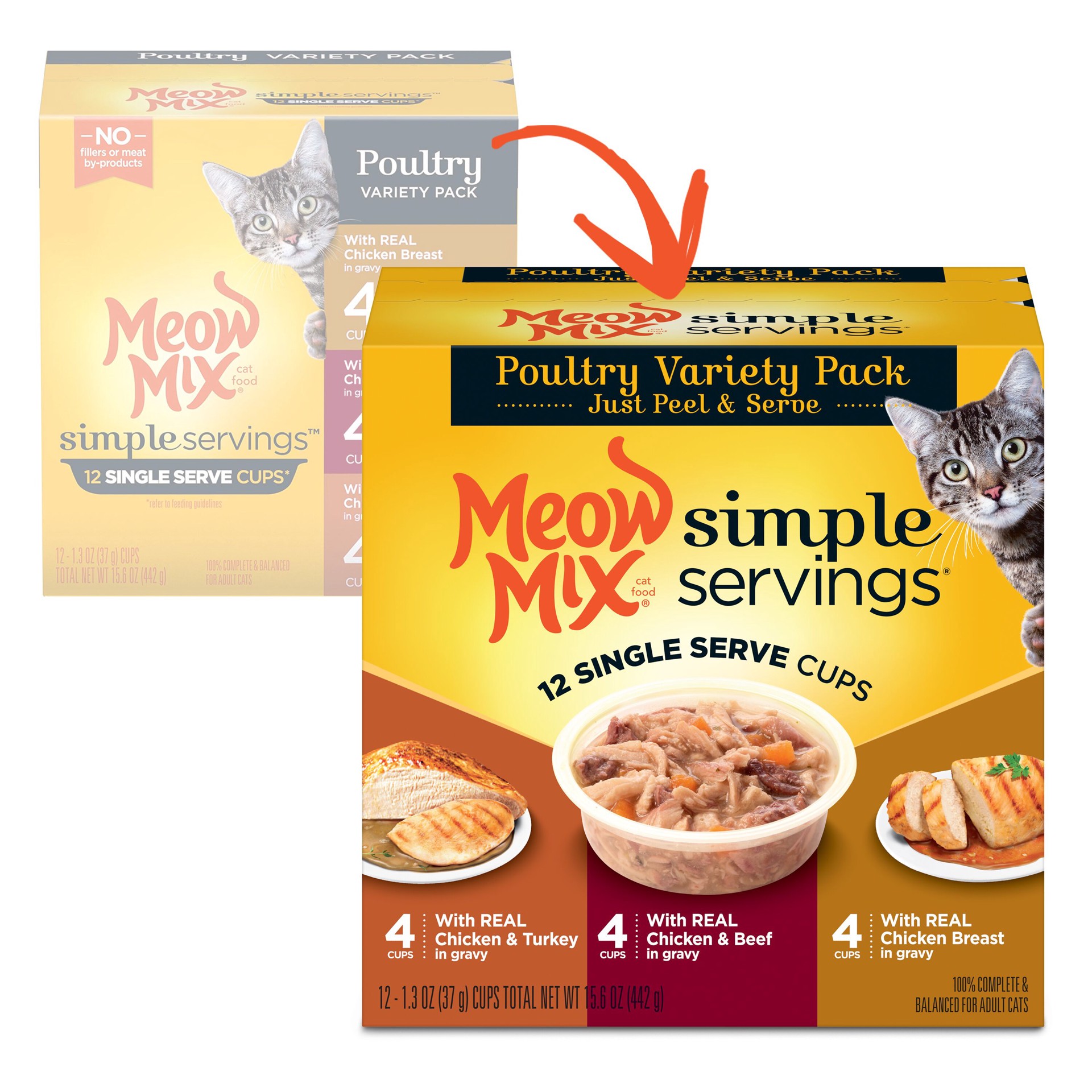 slide 9 of 9, Meow Mix Simple Servings Wet Cat Food Poultry Variety Pack, 1.3oz Cups, 12 ct., 15.6 oz