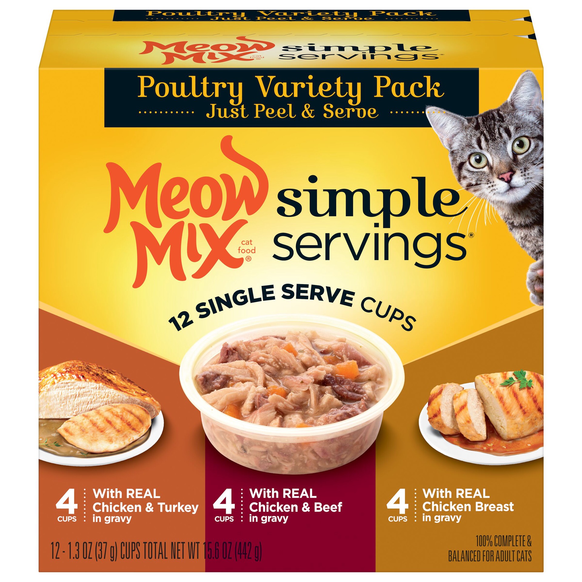 slide 1 of 9, Meow Mix Simple Servings Wet Cat Food Poultry Variety Pack, 1.3oz Cups, 12 ct., 15.6 oz