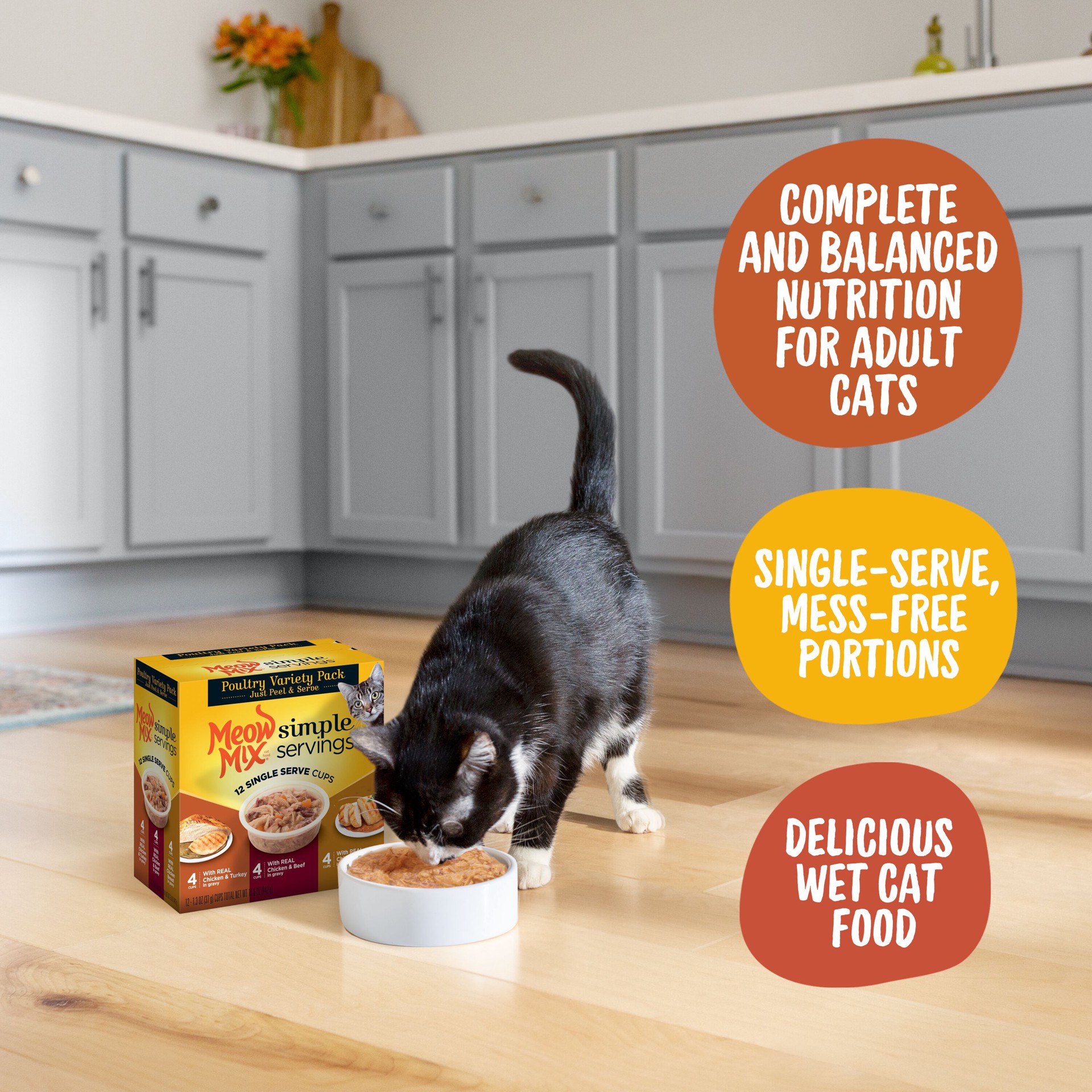 slide 4 of 9, Meow Mix Simple Servings Wet Cat Food Poultry Variety Pack, 1.3oz Cups, 12 ct., 15.6 oz