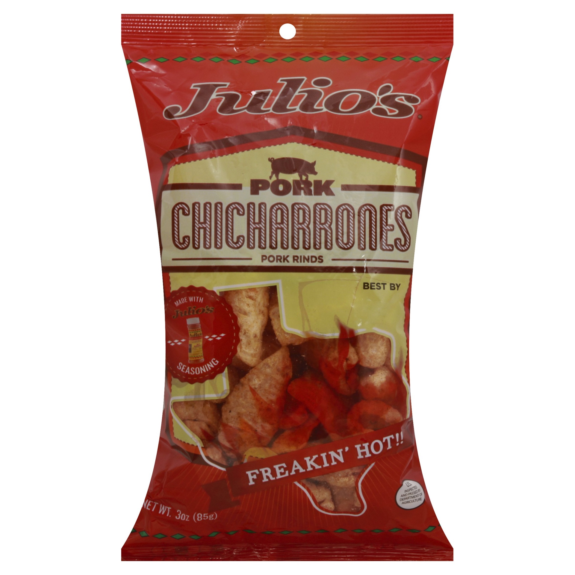 slide 1 of 1, Julio's Freakin' Hot! Chicharrones, 3 oz