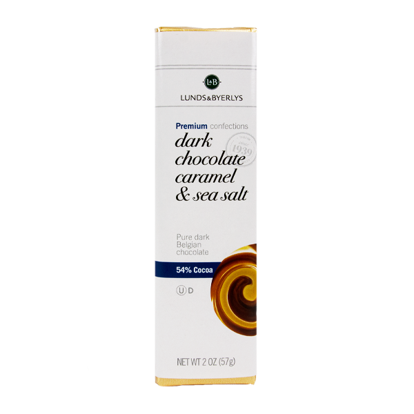 slide 1 of 1, L&B Pure Dark Chocolate Bar With Caramel & Sea Salt, 2 oz