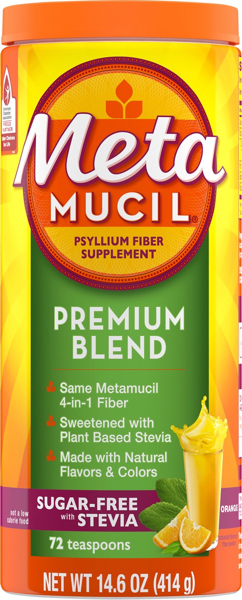 slide 3 of 3, Metamucil Sugar-Free Orange Premium Blend with Stevia Fiber Powder 14.6 oz Canister, 14.6 oz