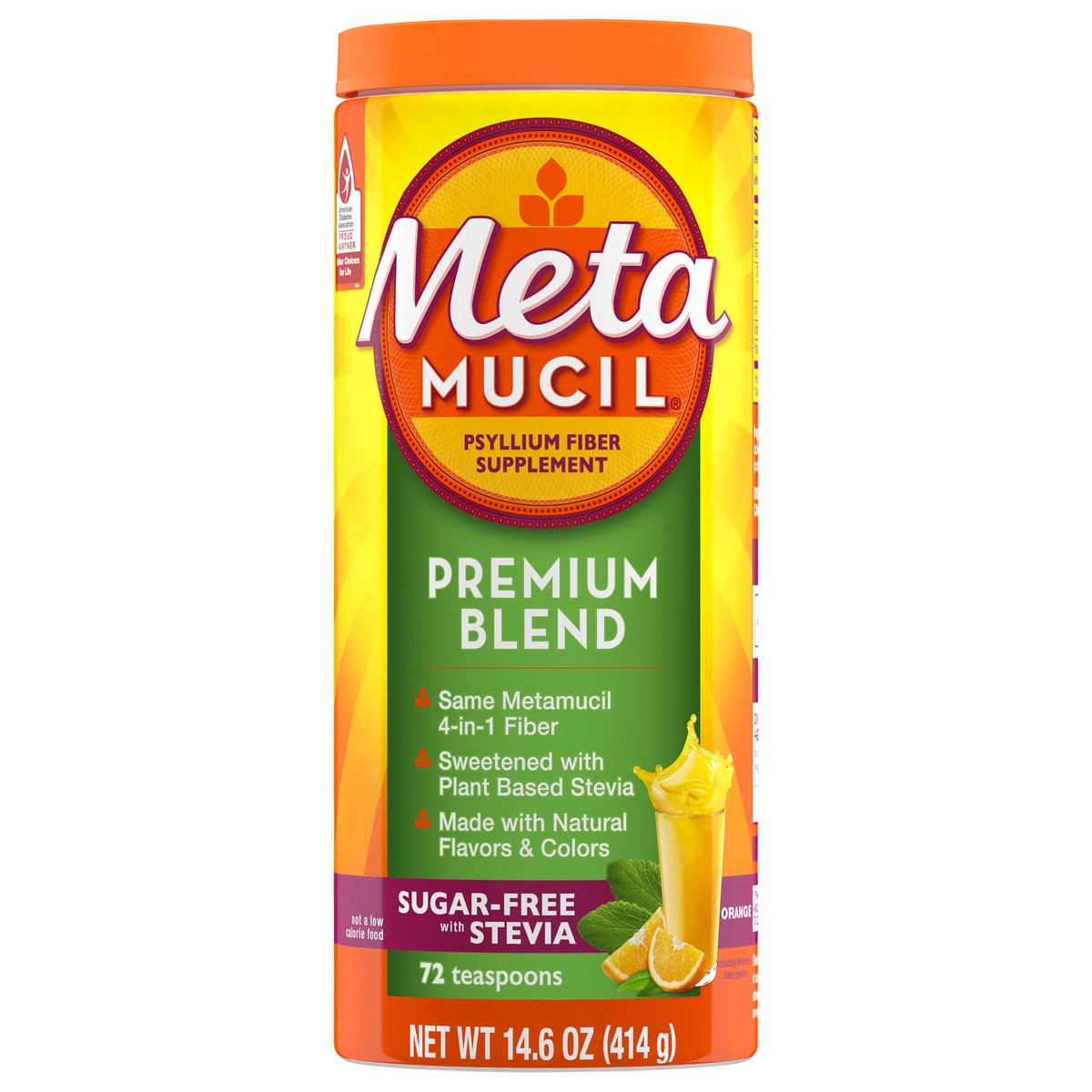 slide 1 of 3, Metamucil Sugar-Free Orange Premium Blend with Stevia Fiber Powder 14.6 oz Canister, 14.6 oz