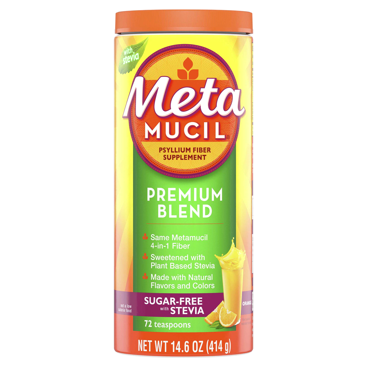 slide 1 of 1, Metamucil Premium Blend, Psyllium Fiber Powder Supplement, Sugar-Free with Stevia, Natural Orange Flavor, 14.6 oz