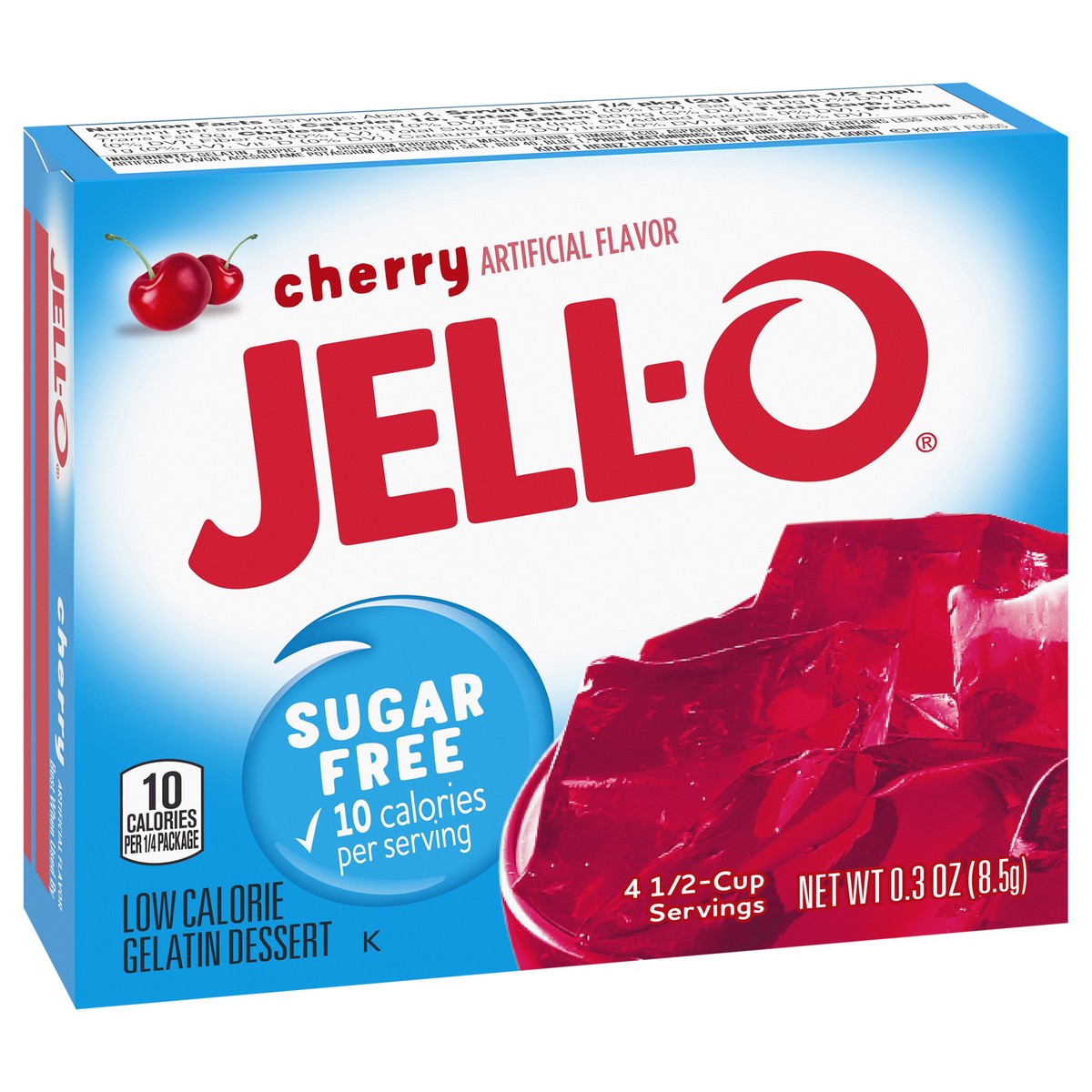 slide 9 of 9, Jell-O Cherry Artificially Flavored Zero Sugar Low Calorie Gelatin Dessert Mix, 0.3 oz Box, 0.3 oz