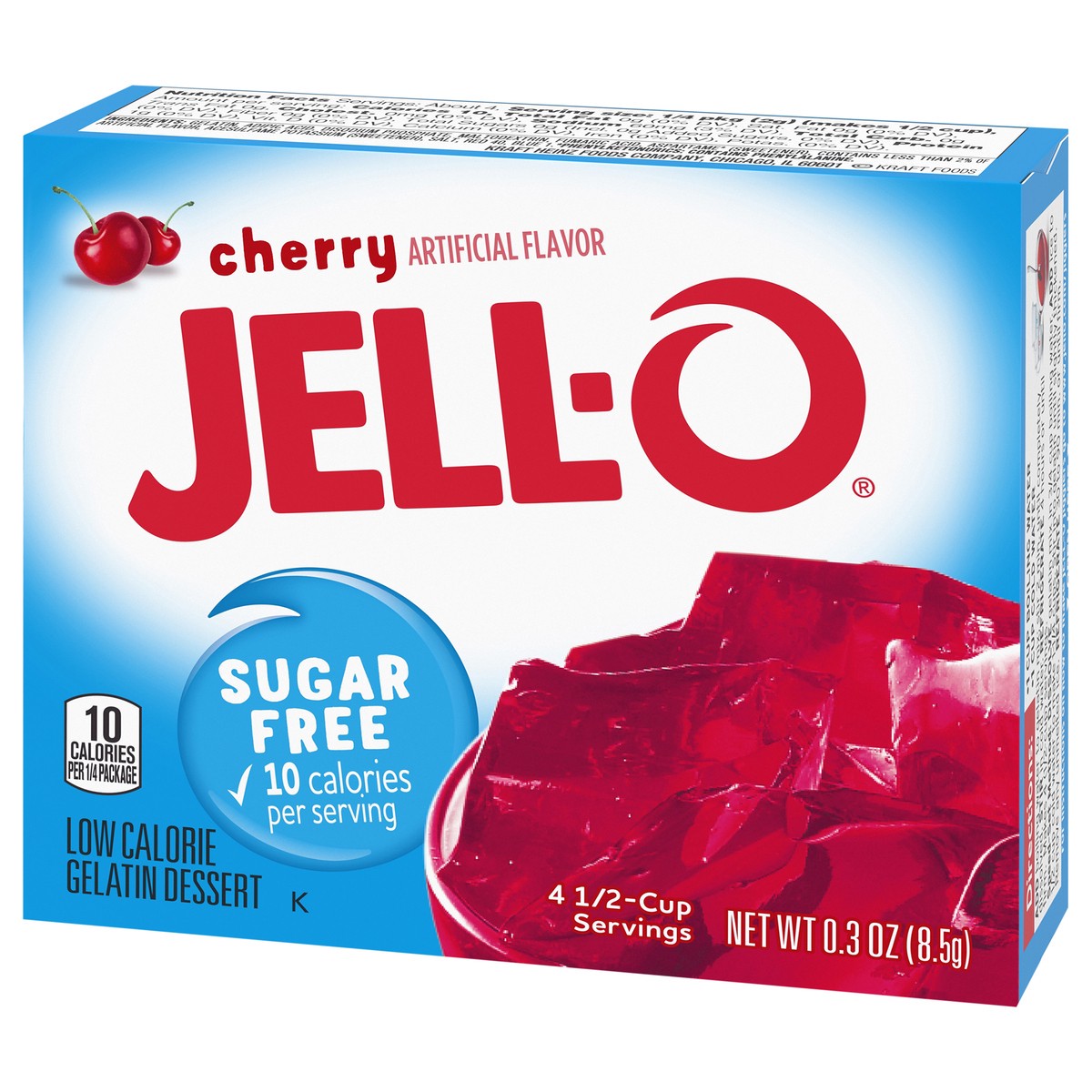 slide 6 of 9, Jell-O Cherry Artificially Flavored Zero Sugar Low Calorie Gelatin Dessert Mix, 0.3 oz Box, 0.3 oz