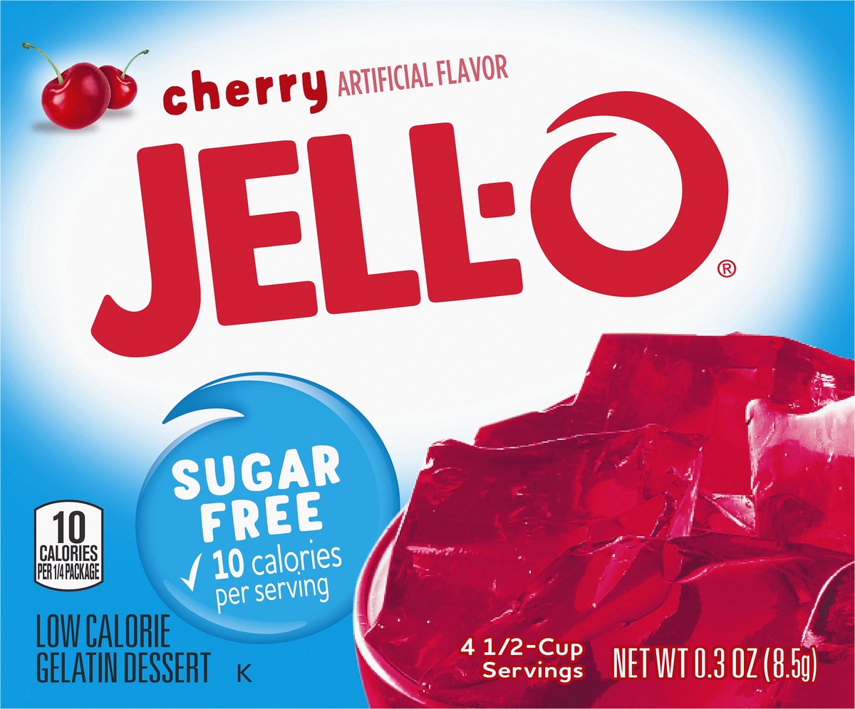 slide 4 of 9, Jell-O Cherry Artificially Flavored Zero Sugar Low Calorie Gelatin Dessert Mix, 0.3 oz Box, 0.3 oz