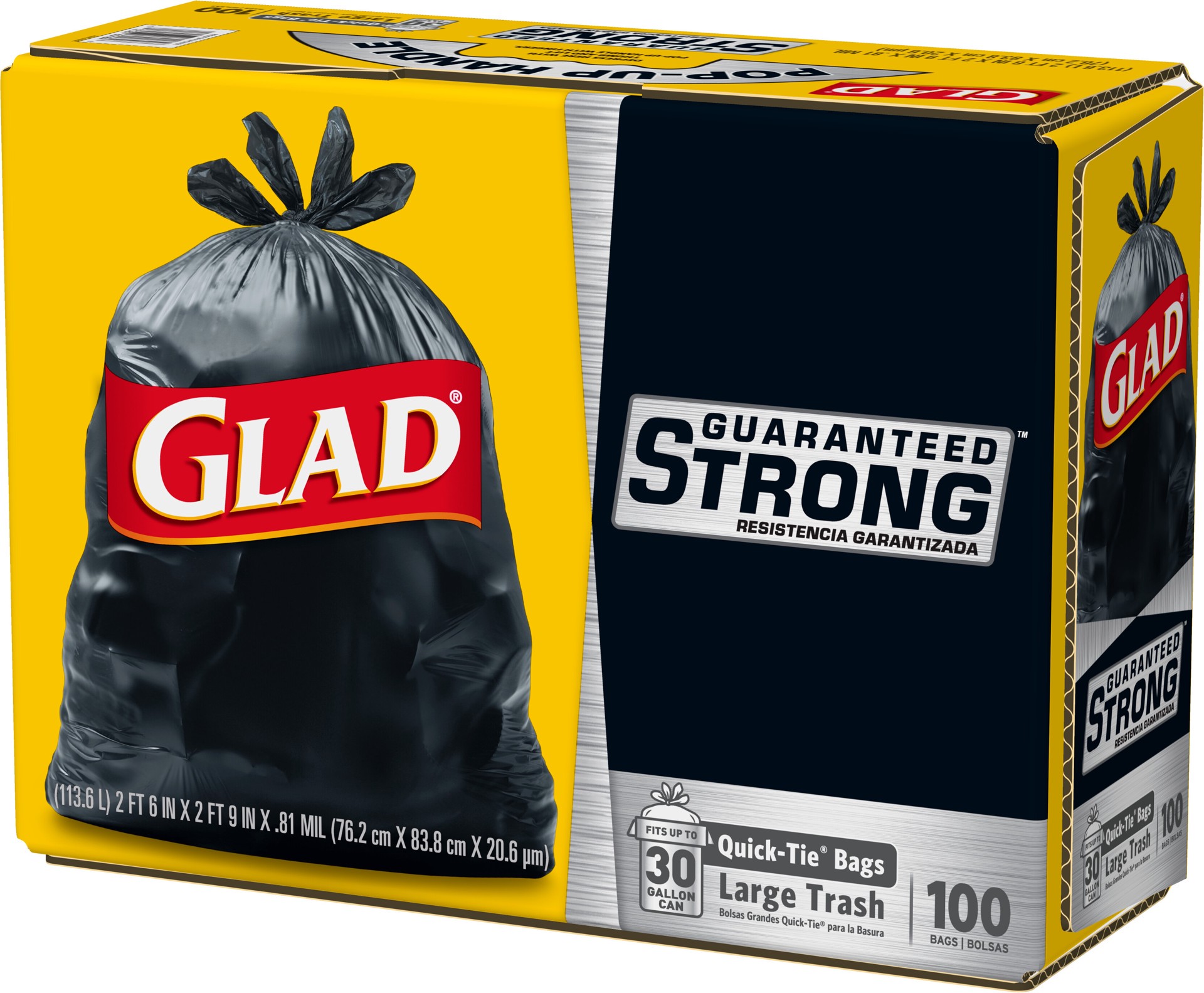 slide 4 of 5, Glad Large Quick-Tie Trash Bags - Extra Strong 30 Gallon Black Trash Bag - 100 Count, 100 ct