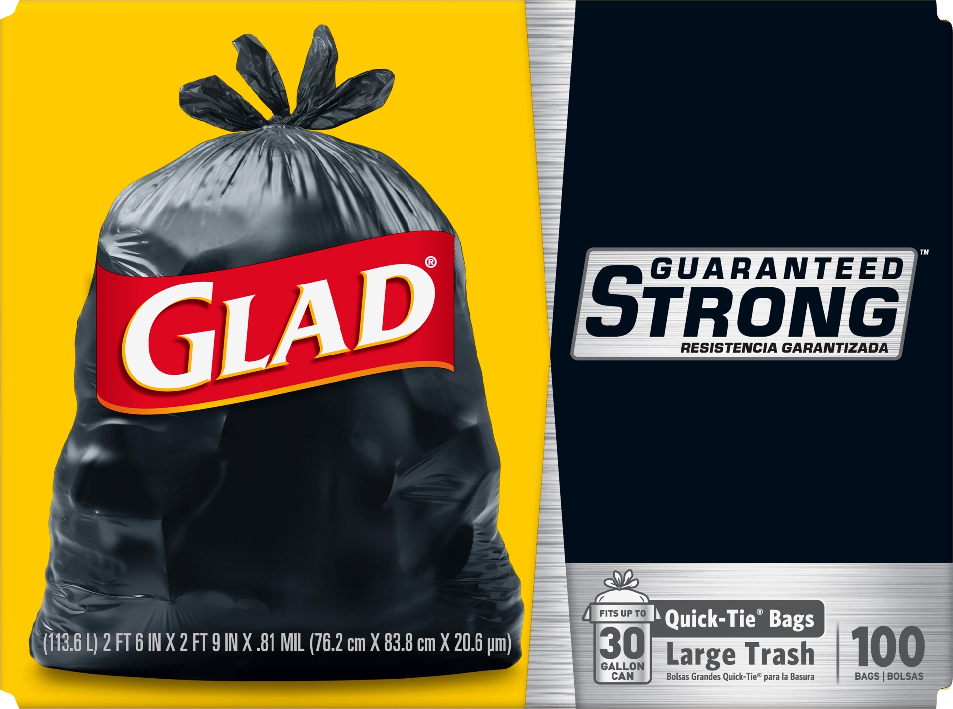 slide 3 of 5, Glad Large Quick-Tie Trash Bags - Extra Strong 30 Gallon Black Trash Bag - 100 Count, 100 ct