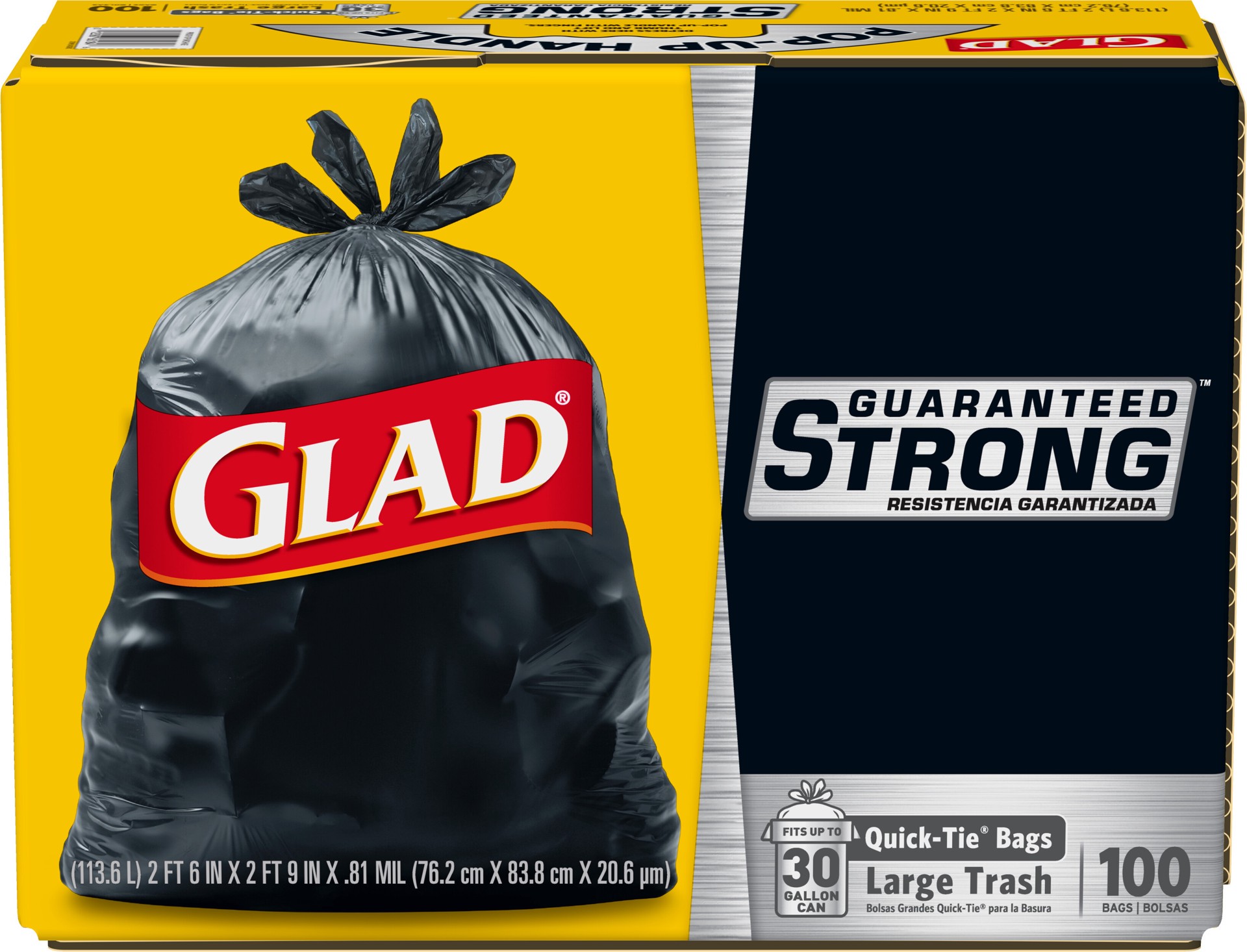 slide 1 of 5, Glad Large Quick-Tie Trash Bags - Extra Strong 30 Gallon Black Trash Bag - 100 Count, 100 ct