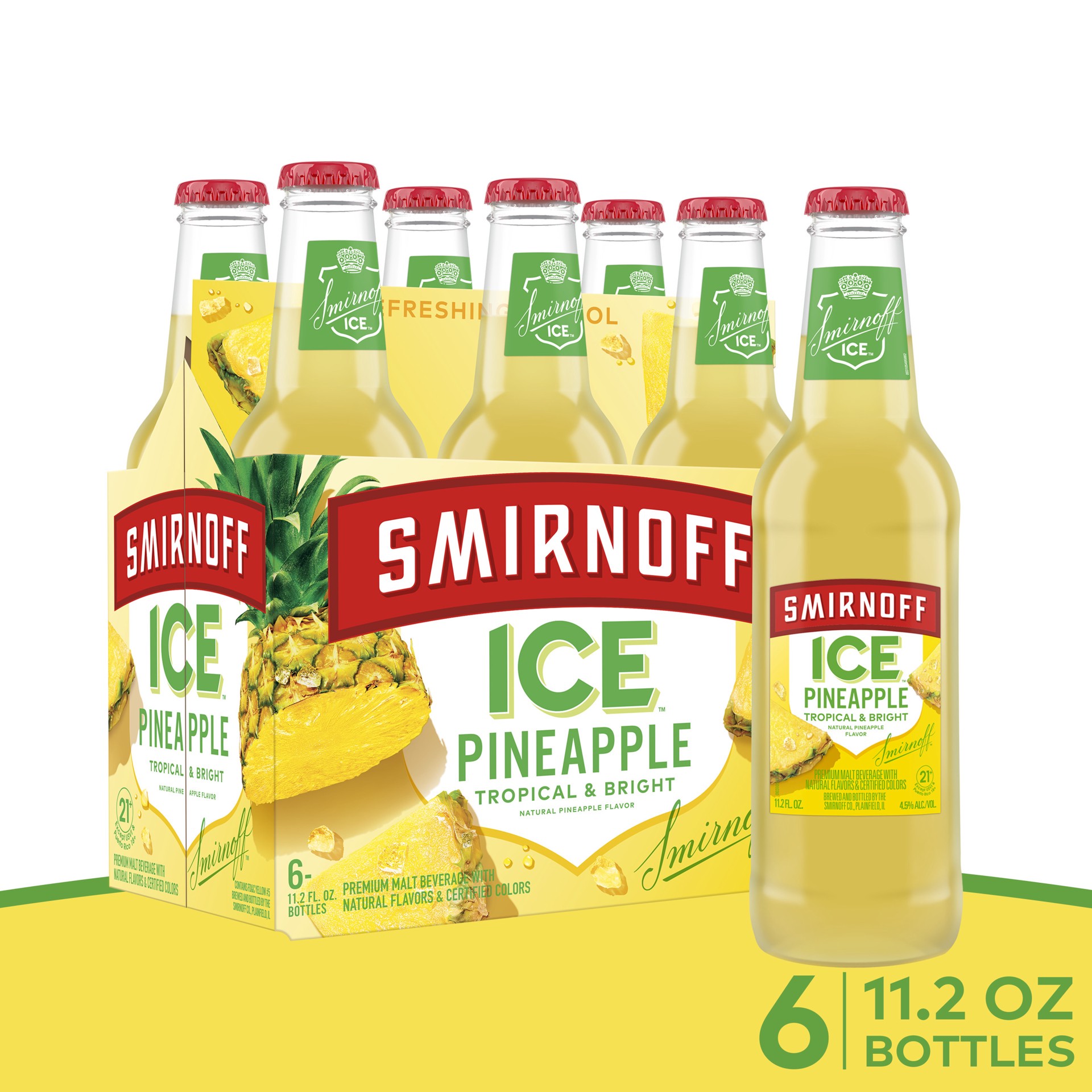 slide 1 of 10, Smirnoff Ice Pineapple, 11.2 fl oz, 6 Pack Bottles, 4.5% ABV, 11.2 fl oz