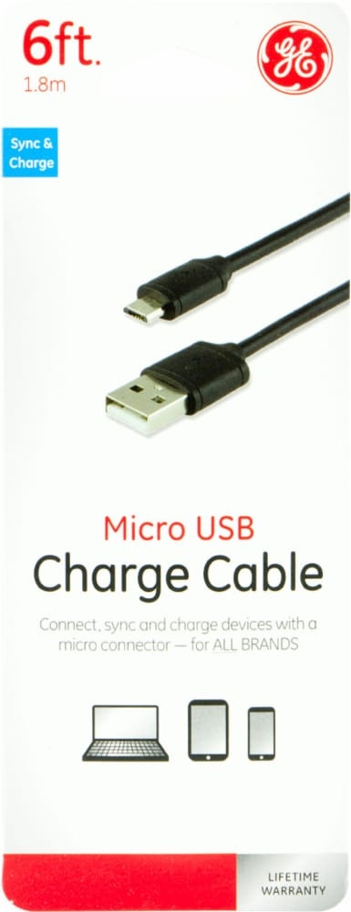 slide 1 of 1, Ge Micro Usb Charge Cable - Black, 6 ft