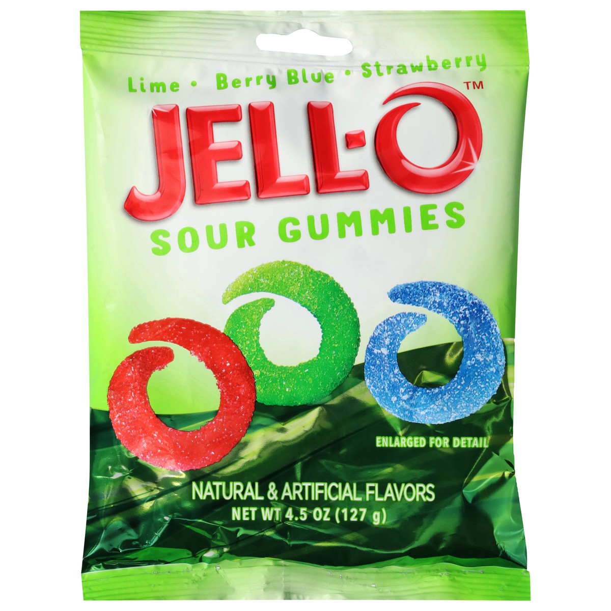 slide 2 of 13, Jell-O Lime/Berry Blue/Strawberry Sour Gummies 4.5 oz, 4.5 oz