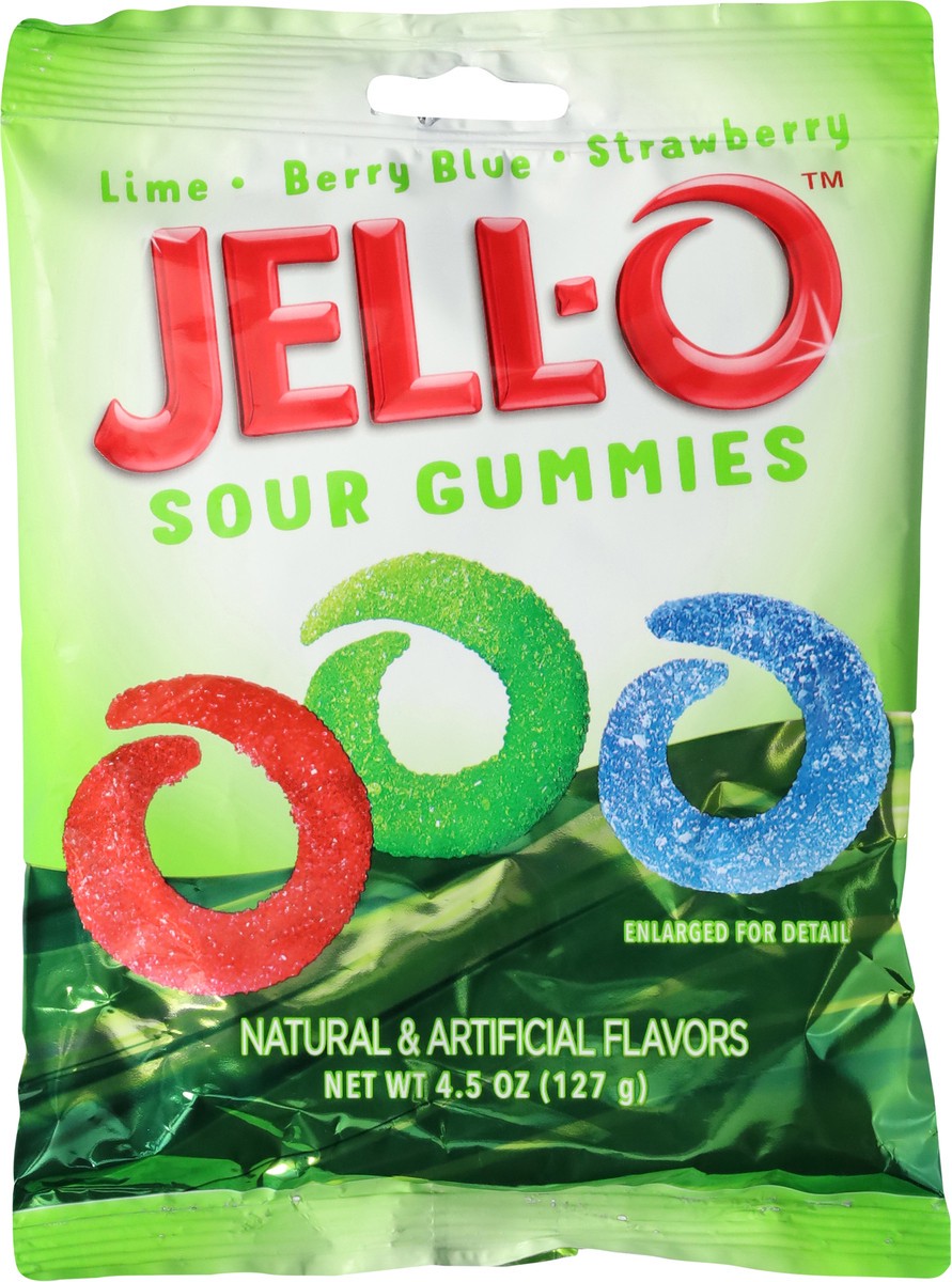 slide 3 of 13, Jell-O Lime/Berry Blue/Strawberry Sour Gummies 4.5 oz, 4.5 oz