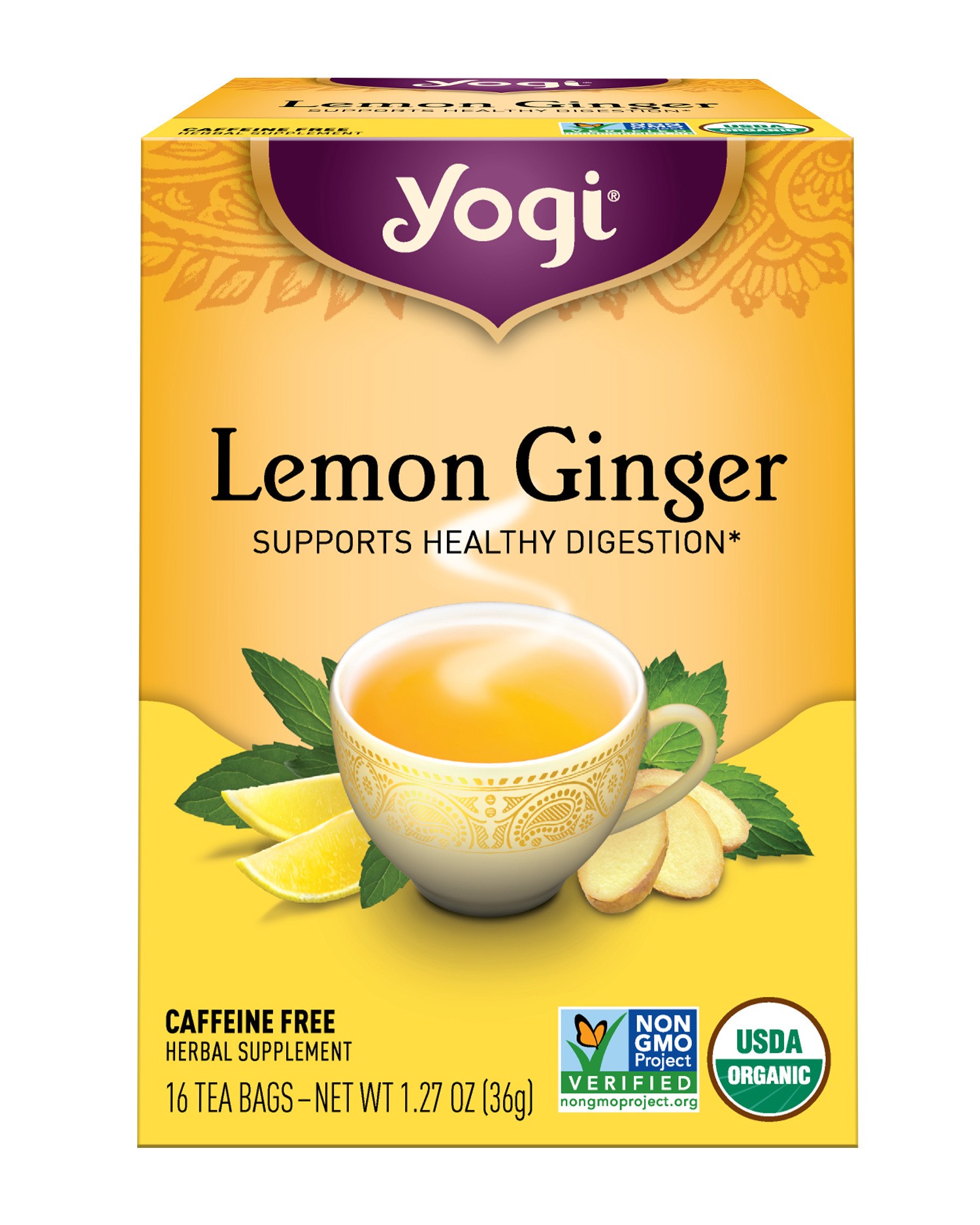 slide 1 of 9, Yogi Tea Lemon Ginger, Caffeine-Free Organic Herbal Tea Bags, 16 Count, 16 ct