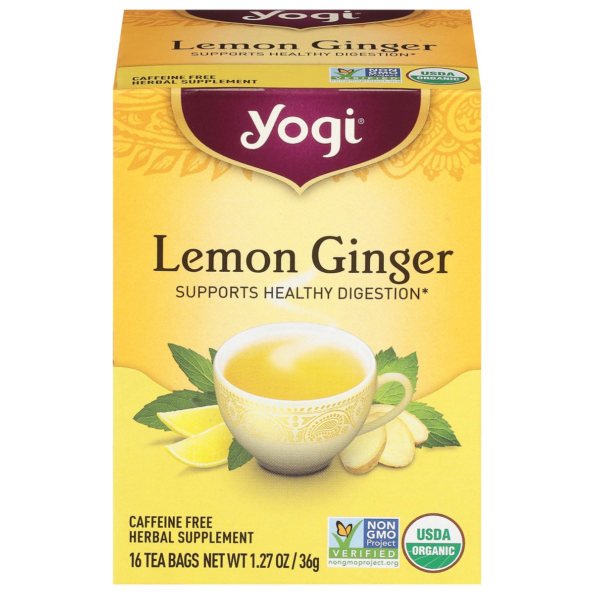 slide 1 of 9, Yogi Caffeine Free Tea Bags Lemon Ginger Herbal Supplement 16 Tea Bags, 16 ct