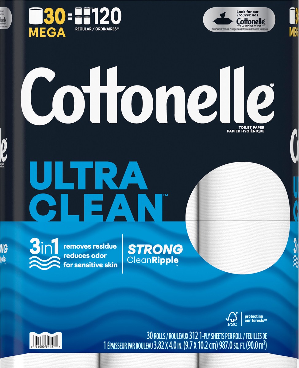 slide 4 of 9, Cottonelle Ultra Clean Toilet Paper, 30 Mega Rolls, 30 bc