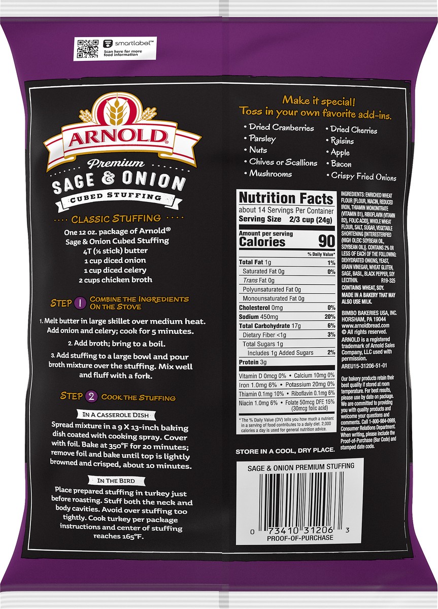 slide 4 of 5, Arnold Sage & Onion Cubed Stuffing, 12 oz, 1 cnt