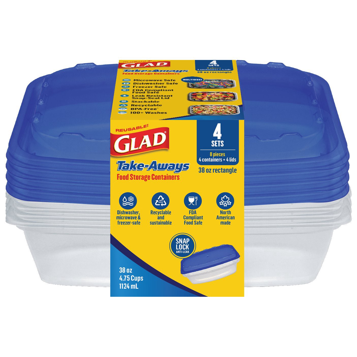 slide 1 of 1, Glad Take-Aways Rectangle Food Storage Containers, 4 pk, 38 oz