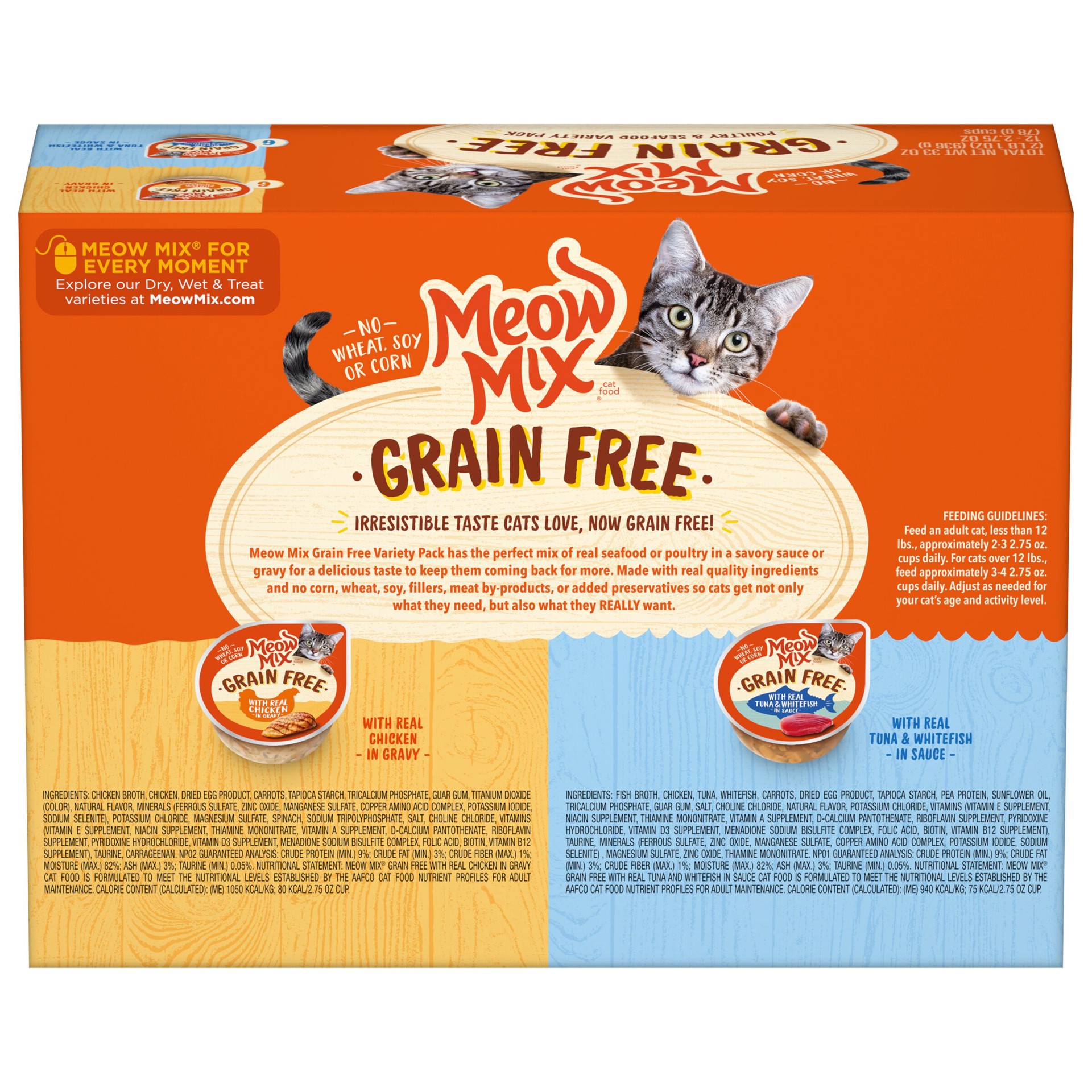 slide 2 of 7, Meow Mix Grain Free Poultry & Seafood Variety Pack with Real Chicken in Gravy, Real Tuna and Whitefish in Sauce, 2.57 oz, 33 oz
