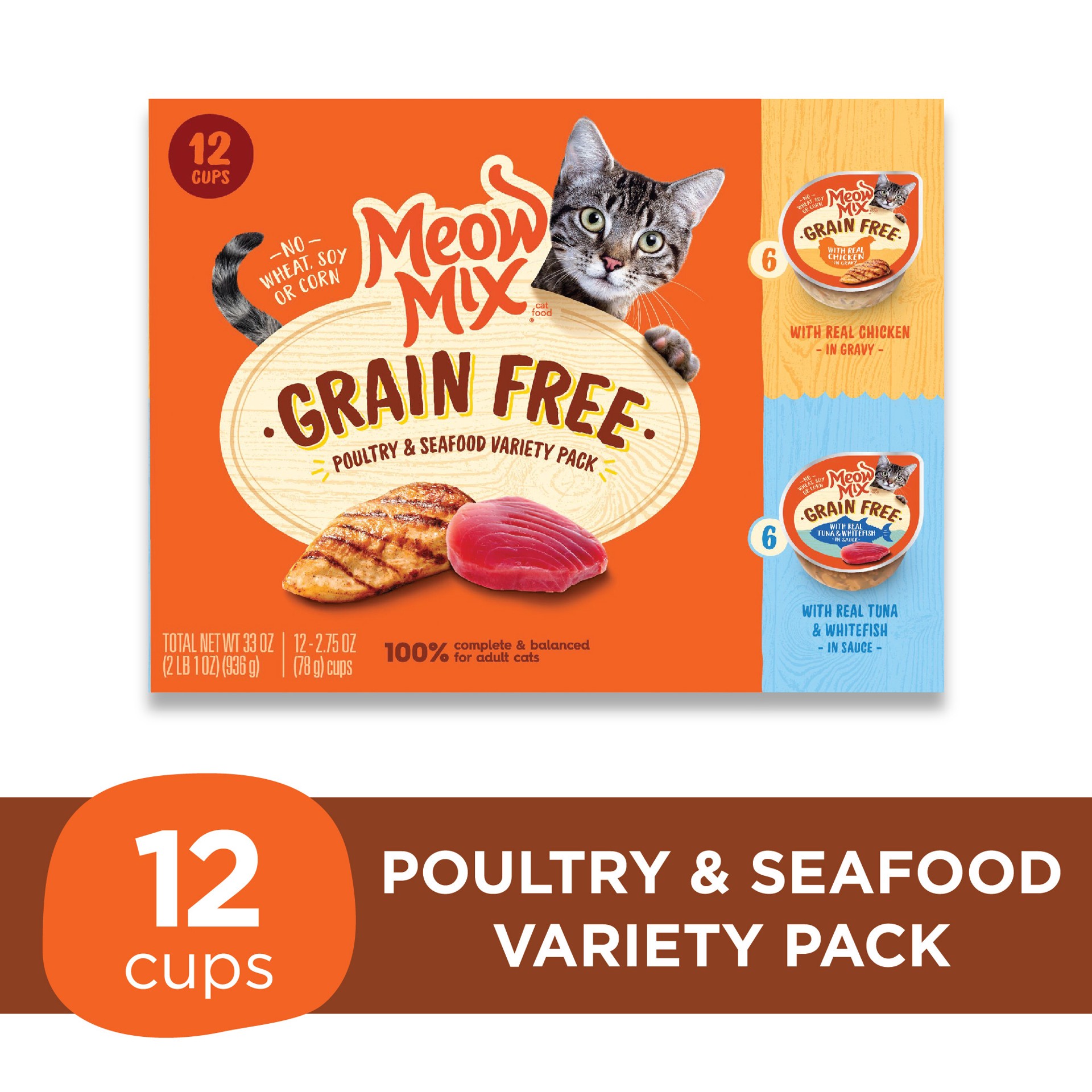 slide 7 of 7, Meow Mix Grain Free Poultry & Seafood Variety Pack with Real Chicken in Gravy, Real Tuna and Whitefish in Sauce, 2.57 oz, 33 oz