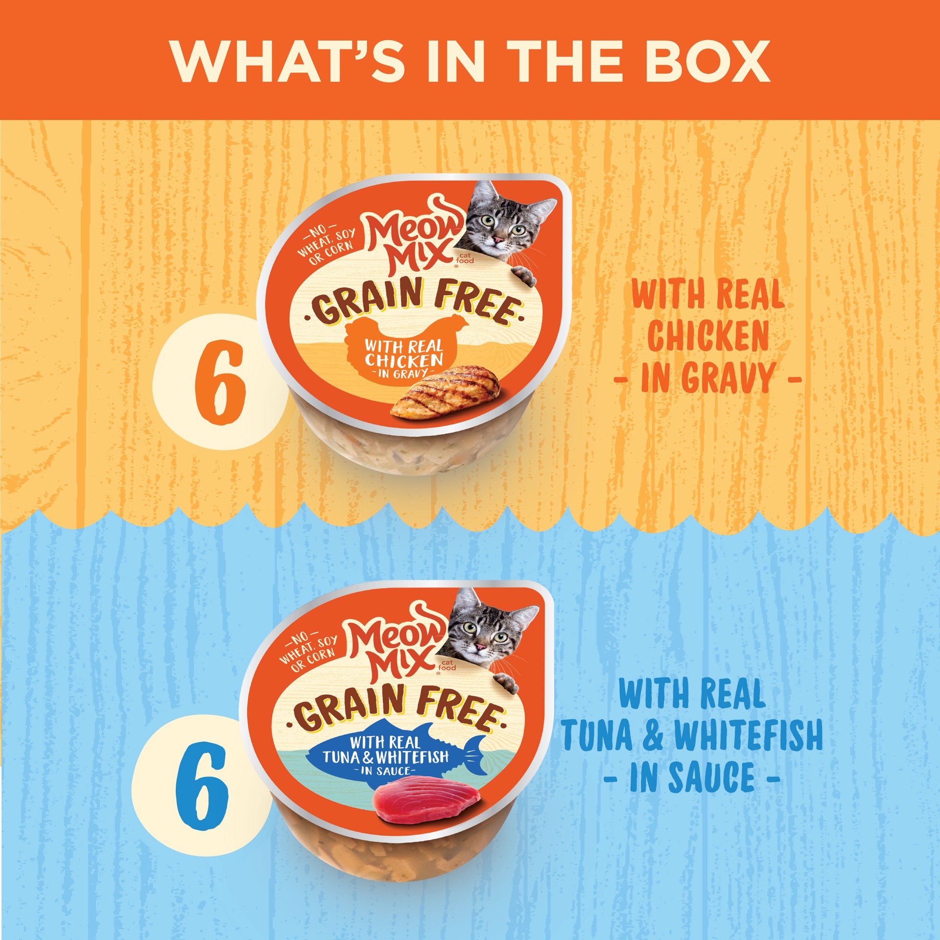 slide 4 of 7, Meow Mix Grain Free Poultry & Seafood Variety Pack with Real Chicken in Gravy, Real Tuna and Whitefish in Sauce, 2.57 oz, 33 oz