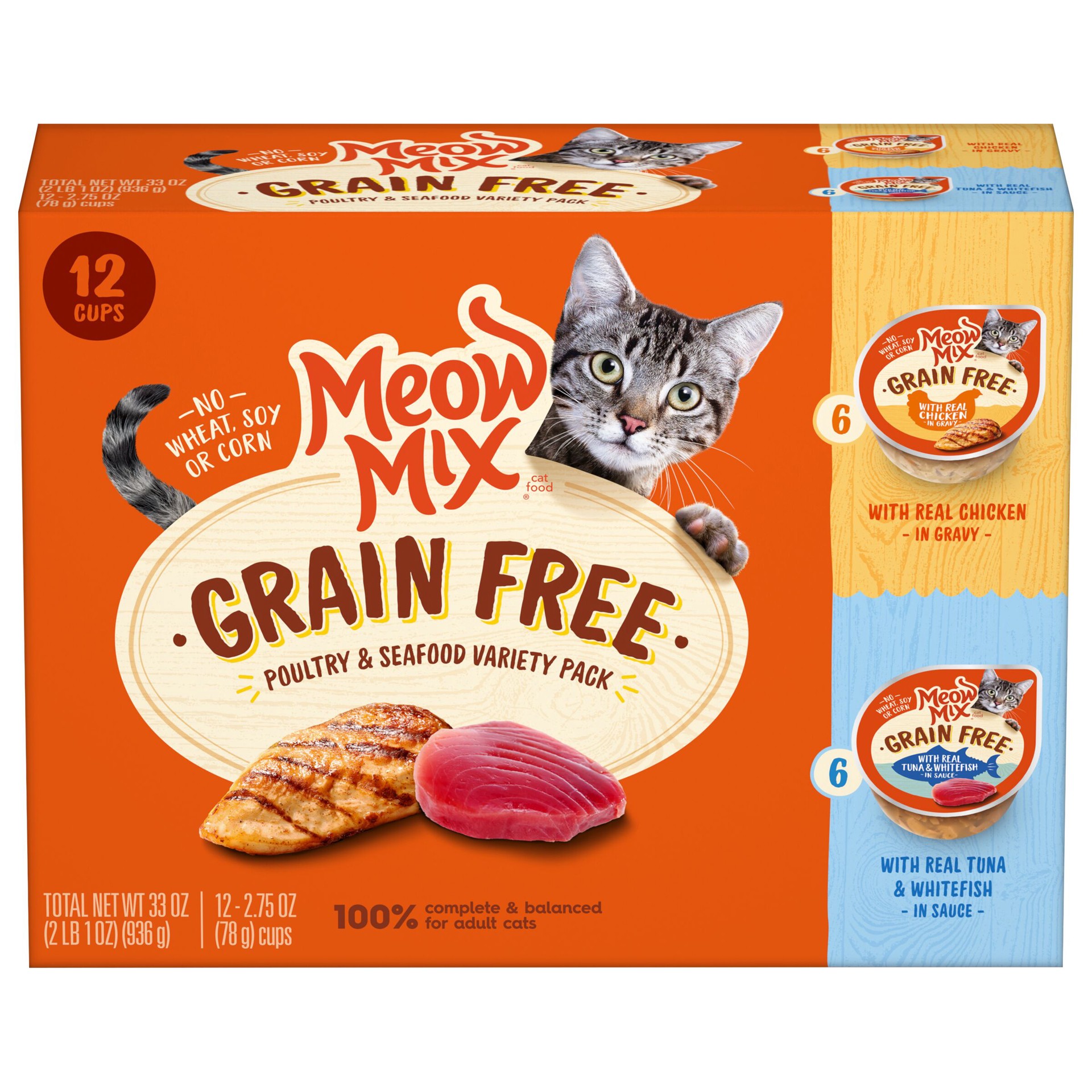 slide 1 of 7, Meow Mix Grain Free Poultry & Seafood Variety Pack with Real Chicken in Gravy, Real Tuna and Whitefish in Sauce, 2.57 oz, 33 oz