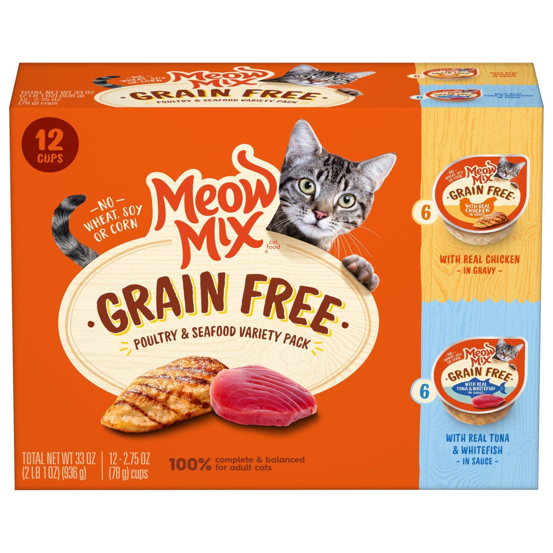 slide 1 of 1, Meow Mix Grain Free Poultry & Seafood Variety Pack with Real Chicken in Gravy, Real Tuna and Whitefish in Sauce cups, 12 ct; 2.75 oz