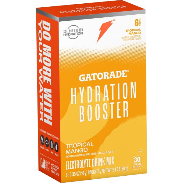 slide 2 of 5, Gatorade Hydration Booster Electrolyte Drink Mix Tropical Mango 0.35 Oz, 6 Count, 6 ct