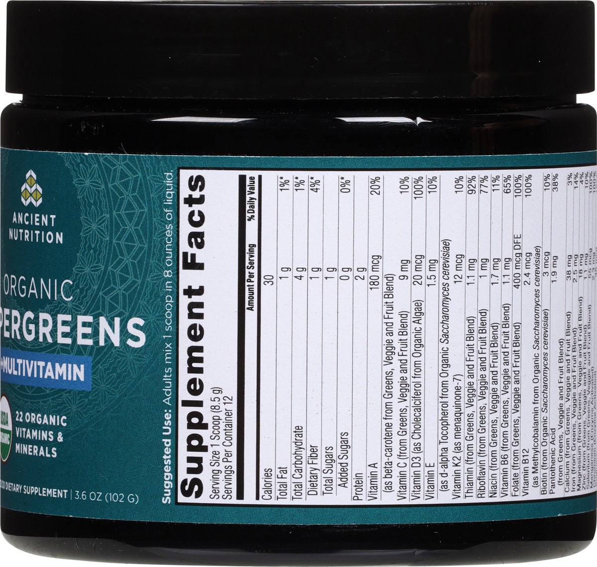 slide 5 of 13, Ancient Nutrition Organic SuperGreens +Multivitamin 3.6 oz, 3.60 oz
