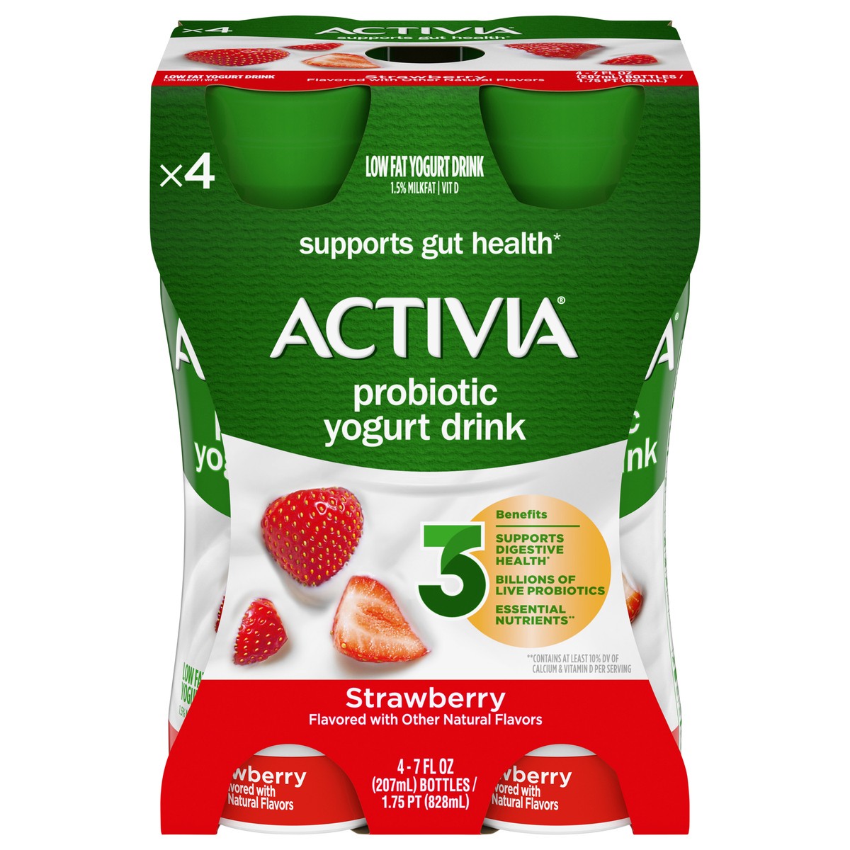 slide 1 of 5, Activia Strawberry Probiotic Lowfat Yogurt Drink, Delicious Probiotic Yogurt Drinks to Help Support Gut Health, 4 Ct, 7 FL OZ Bottles, 7 fl oz