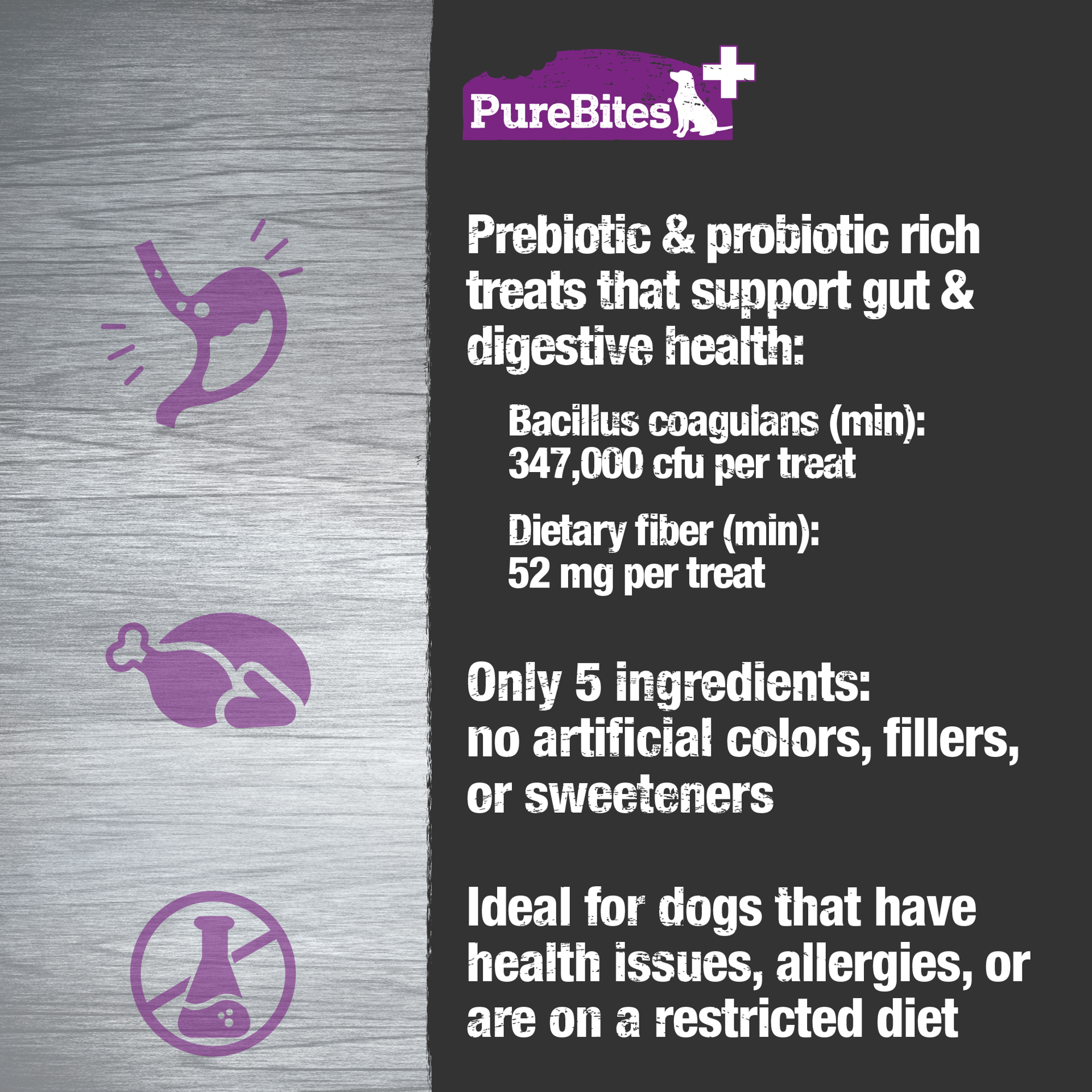 slide 4 of 5, PureBites+ Freeze Dried Dog Treat 3.0oz | Gut & Digestion | 5 Ingredients | Made in USA, 85 g