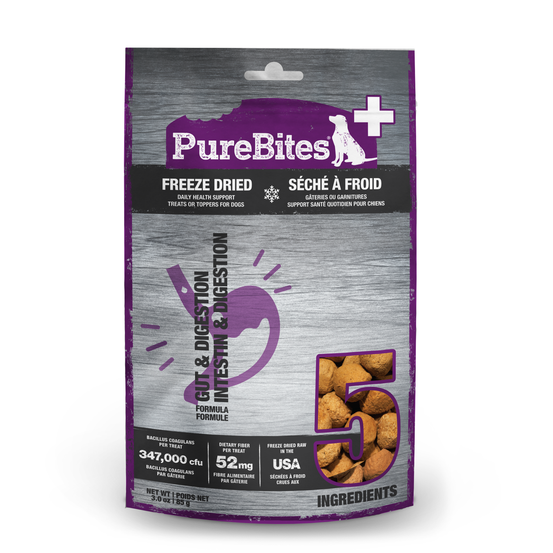 slide 1 of 5, PureBites+ Freeze Dried Dog Treat 3.0oz | Gut & Digestion | 5 Ingredients | Made in USA, 85 g