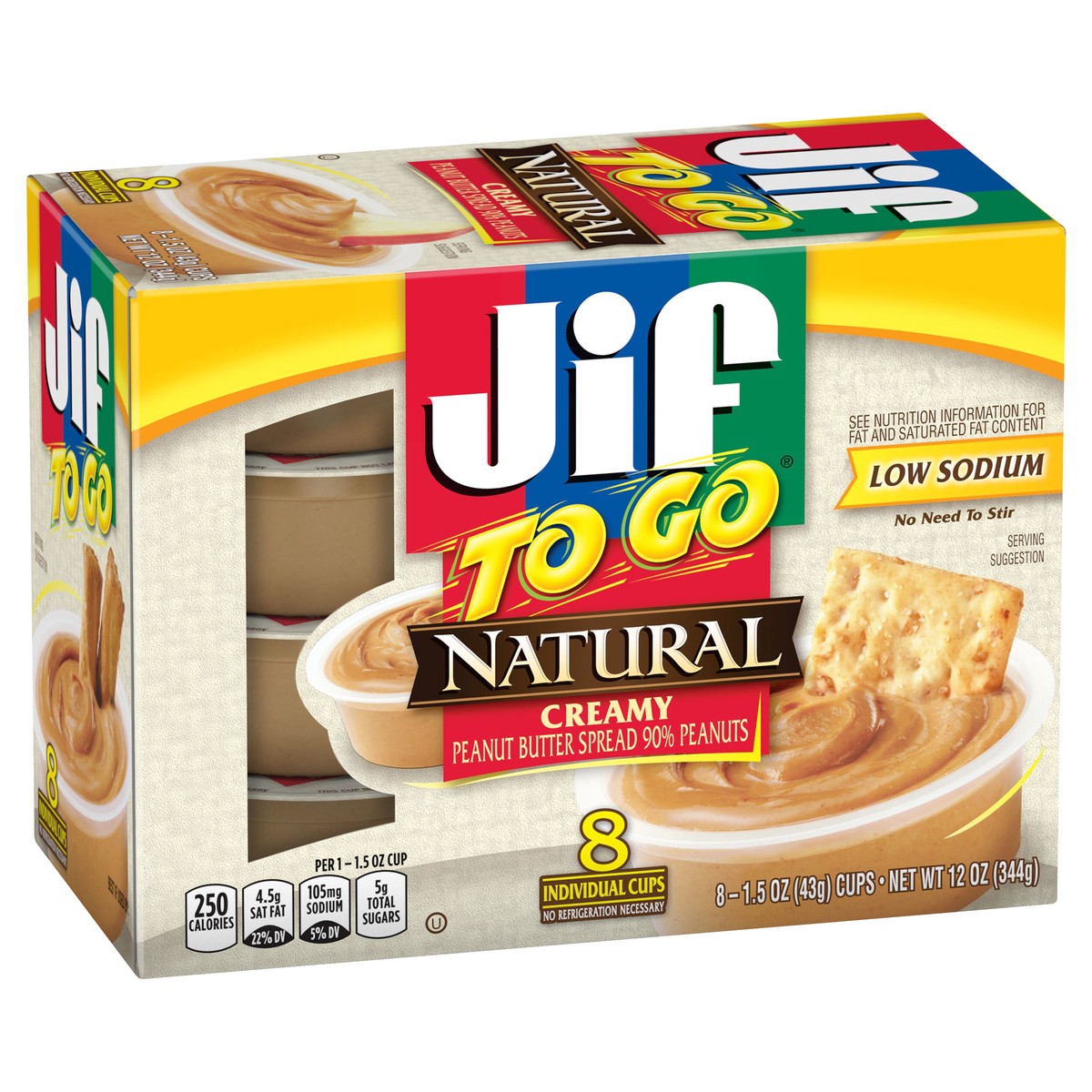 slide 2 of 8, Jif To Go Natural Creamy Peanut Butter Spread, 8- 1.5 Ounce Cups, Smooth and Creamy Texture, Snack Size Packs, 12 oz
