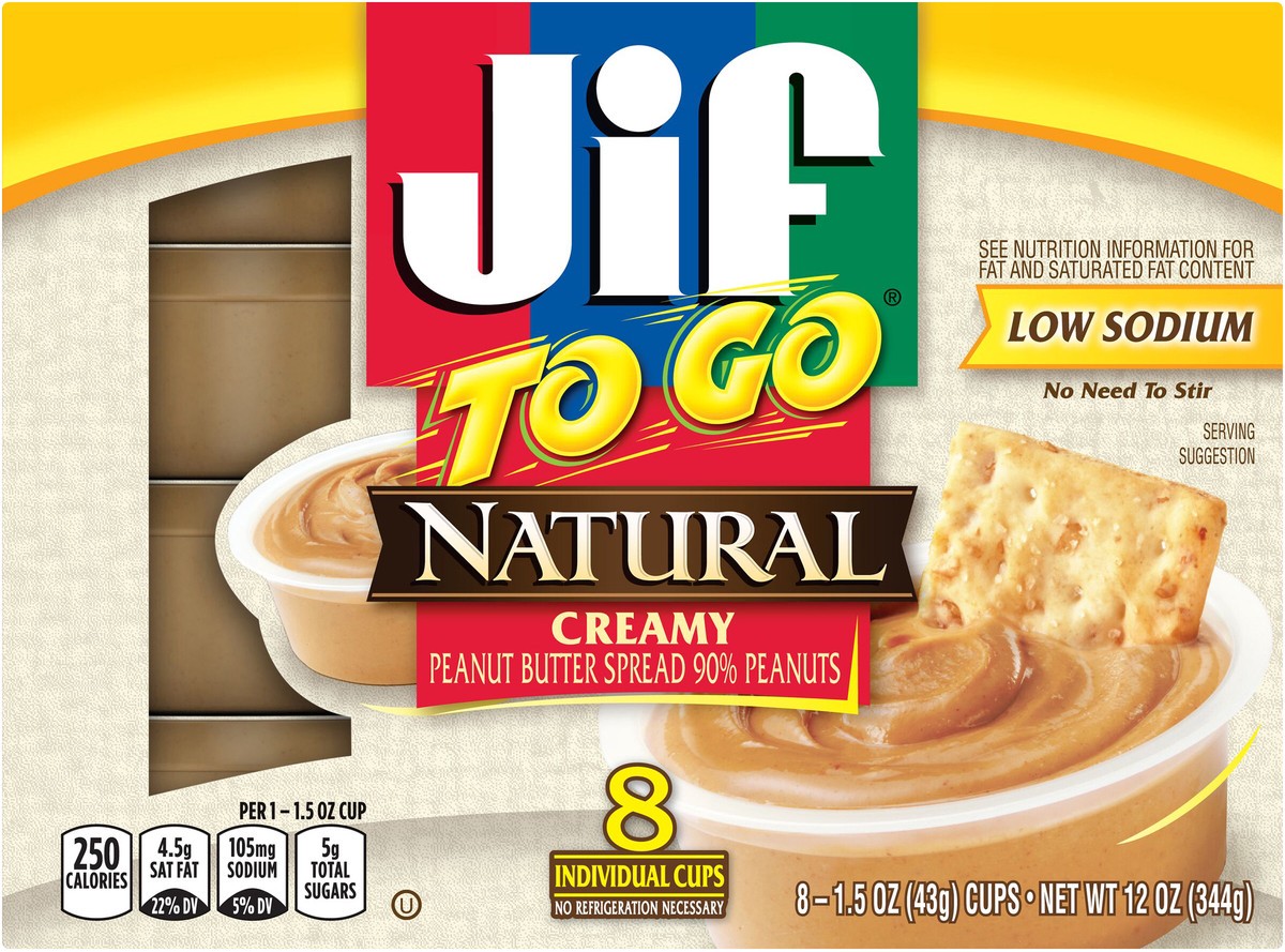 slide 5 of 8, Jif To Go Natural Creamy Peanut Butter Spread, 8- 1.5 Ounce Cups, Smooth and Creamy Texture, Snack Size Packs, 12 oz