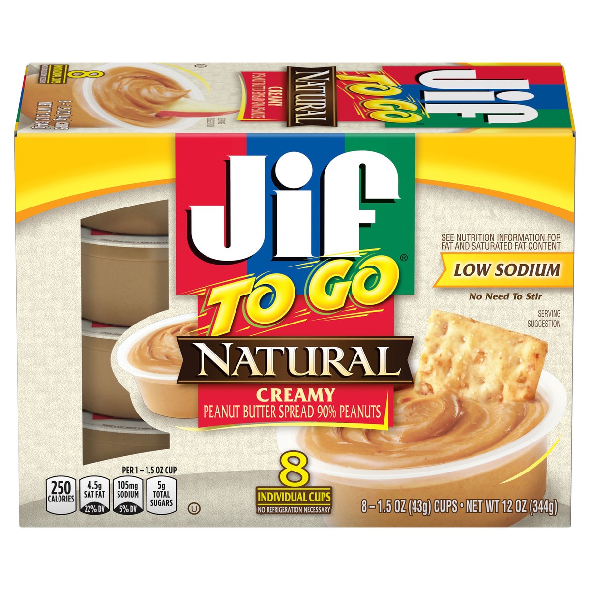 slide 1 of 8, Jif To Go Natural Creamy Peanut Butter Spread, 8- 1.5 Ounce Cups, Smooth and Creamy Texture, Snack Size Packs, 12 oz