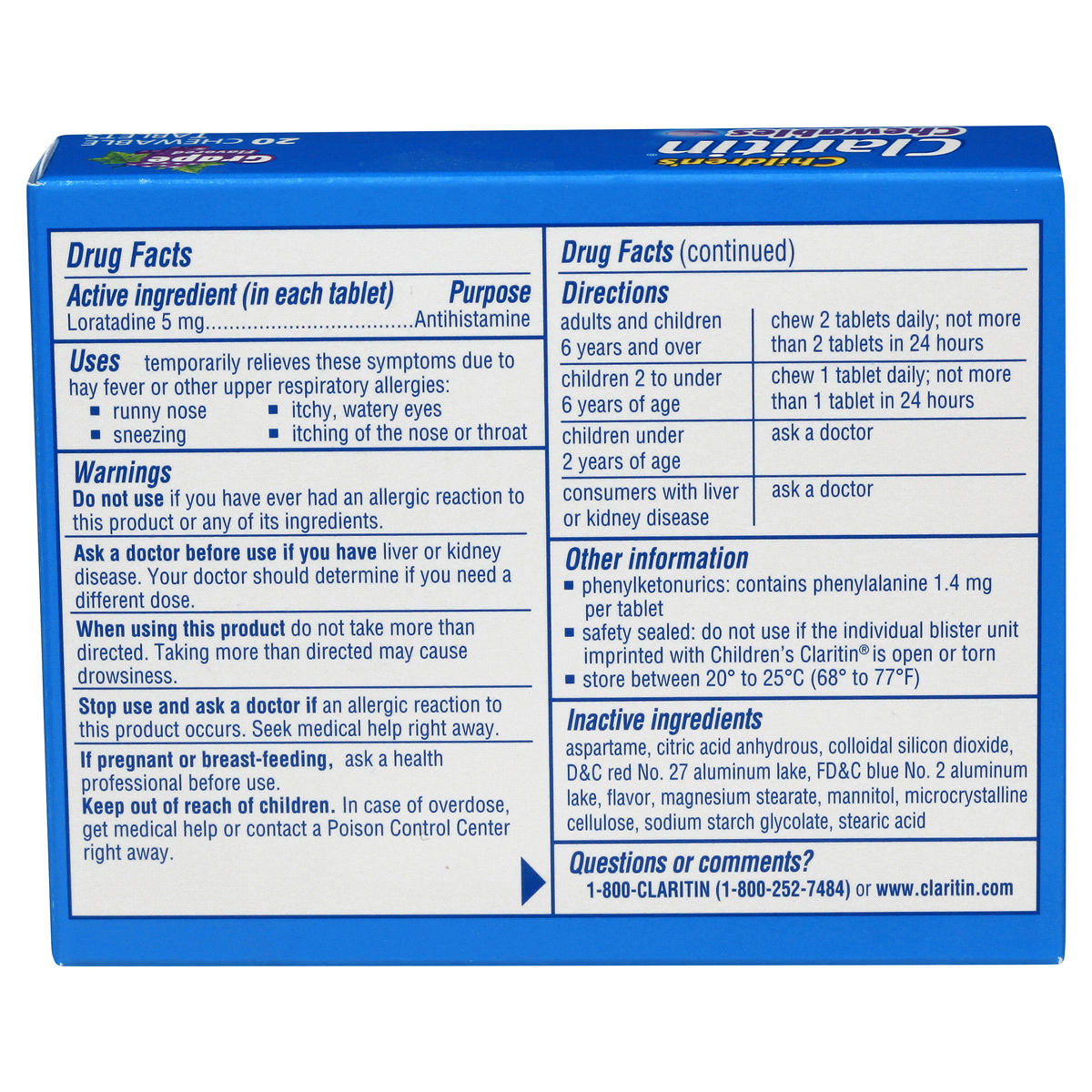 slide 2 of 7, Claritin Children's 24 Hour Non-Drowsy Allergy Relief Chewable Grape Tablets - Loratadine, 20 ct; 5 mg