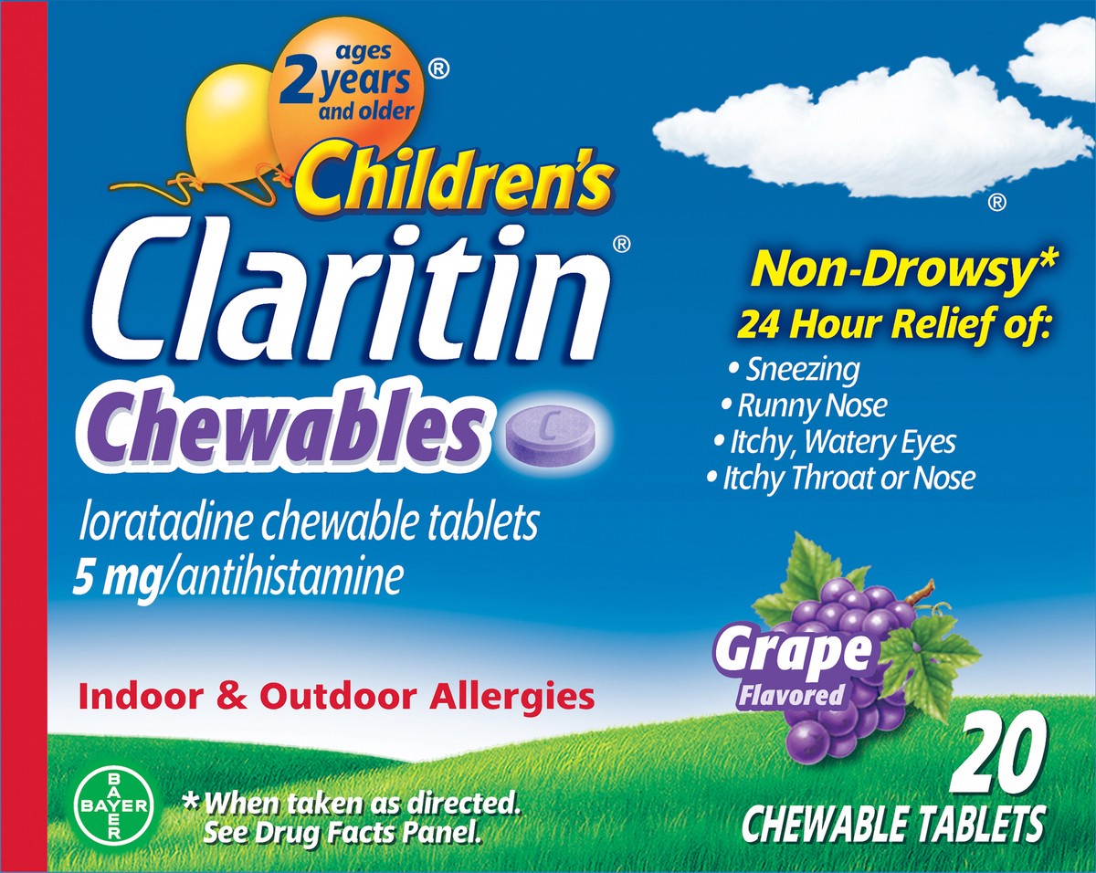 slide 5 of 10, Claritin Grape Children's Chewable, 20 ct; 5 mg