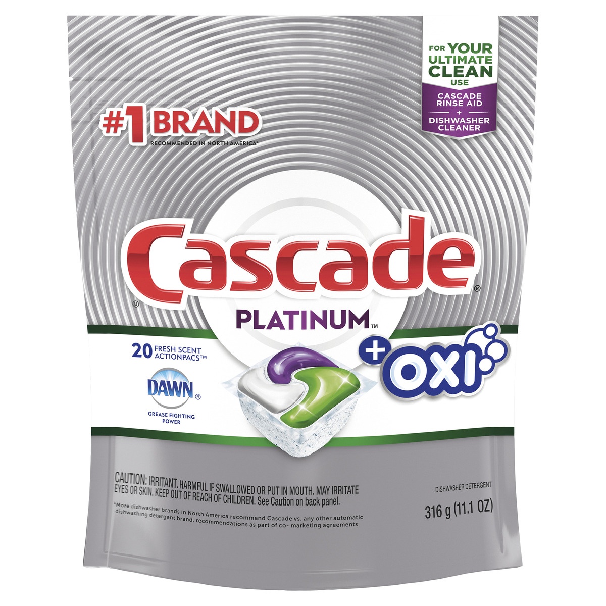 slide 1 of 1, Cascade Platinum Actionpacs Fresh Scent Plus Oxi Dishwasher Detergent, 20 ct