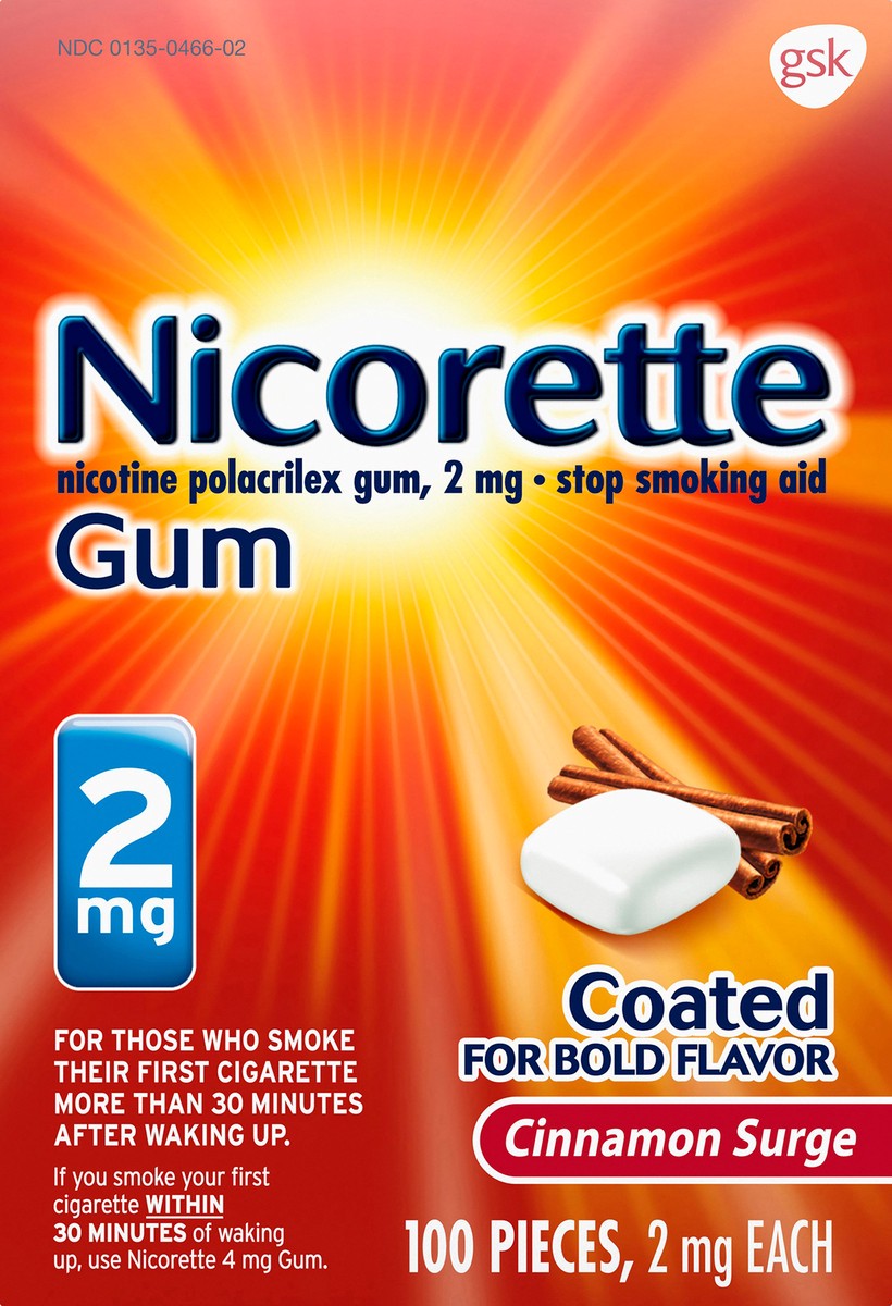 slide 8 of 9, Nicorette Nicotine Gum to Help Stop Smoking, 2 mg, Cinnamon Surge Flavor - 100 Count, 