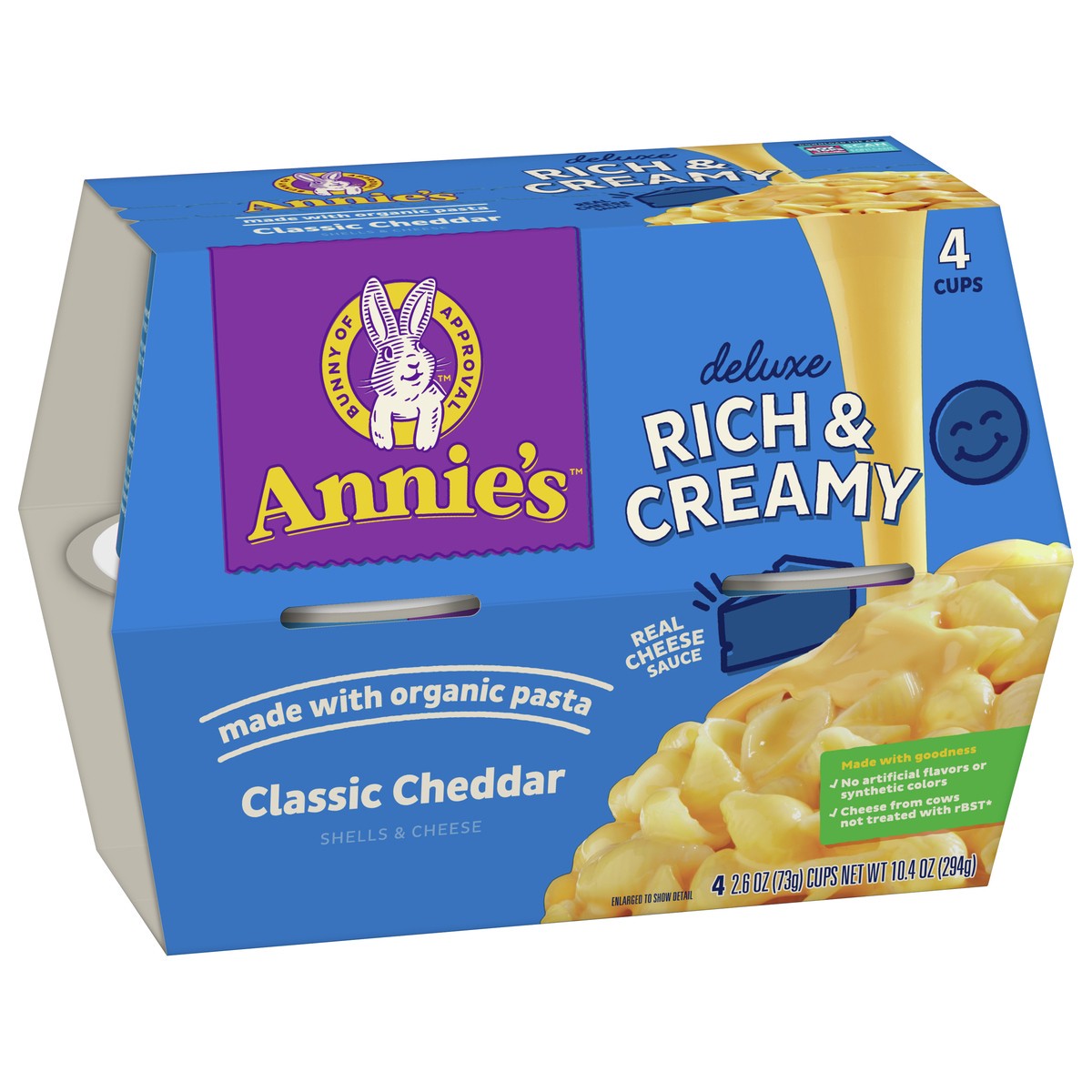 slide 9 of 9, Annie's Classic Cheddar Deluxe Rich and Creamy Mac and Cheese with Organic Pasta, Made with Real Cheese, Dinner Side or Snacks, 4 Cups, 10.4 oz, 4 ct