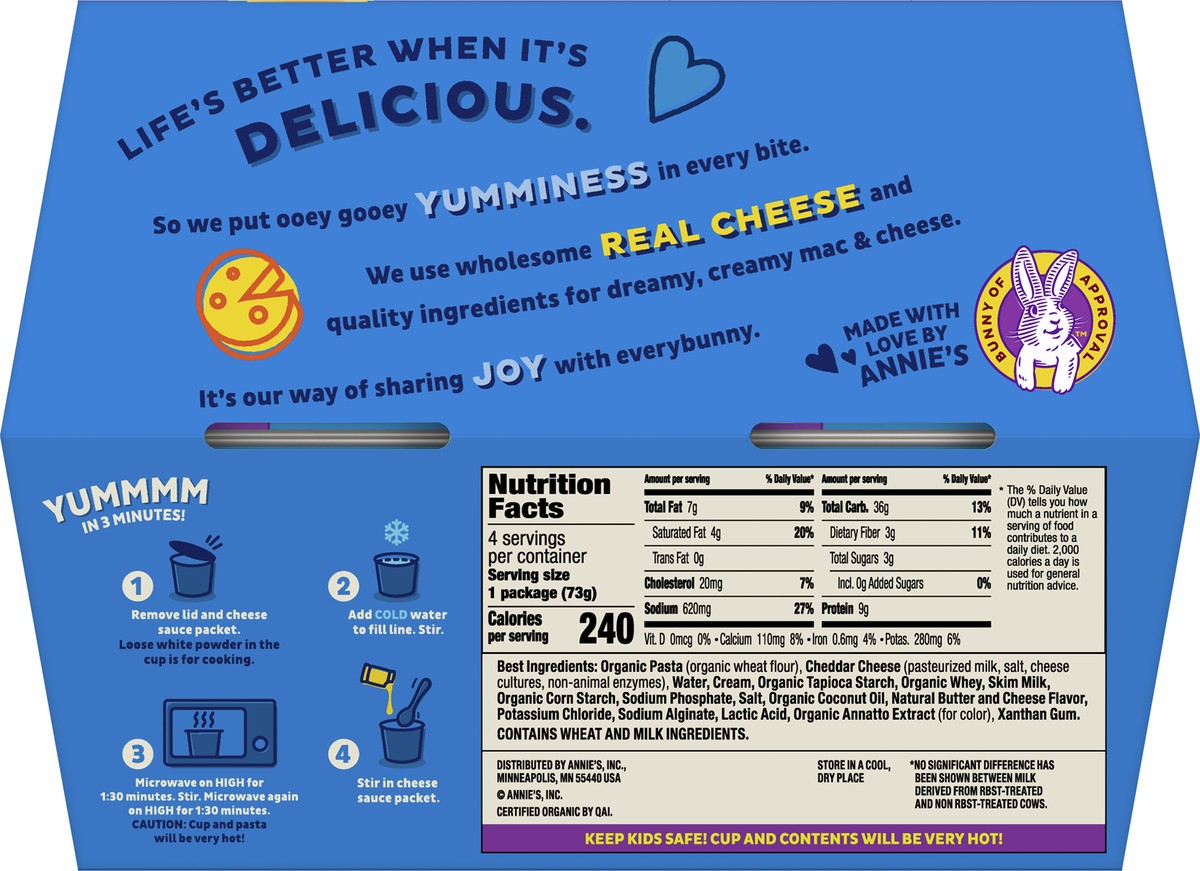 slide 5 of 9, Annie's Classic Cheddar Deluxe Rich and Creamy Mac and Cheese with Organic Pasta, Made with Real Cheese, Dinner Side or Snacks, 4 Cups, 10.4 oz, 4 ct