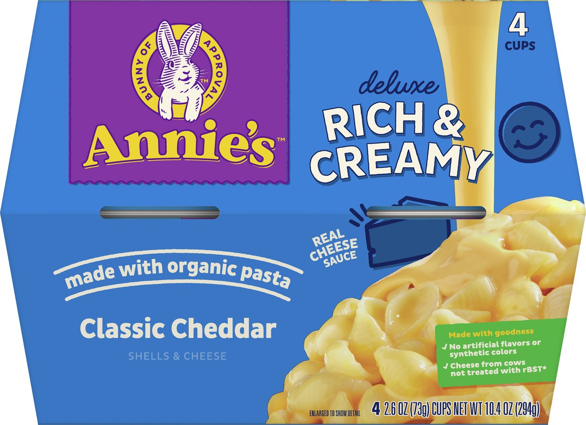 slide 8 of 9, Annie's Classic Cheddar Deluxe Rich and Creamy Mac and Cheese with Organic Pasta, Made with Real Cheese, Dinner Side or Snacks, 4 Cups, 10.4 oz, 4 ct