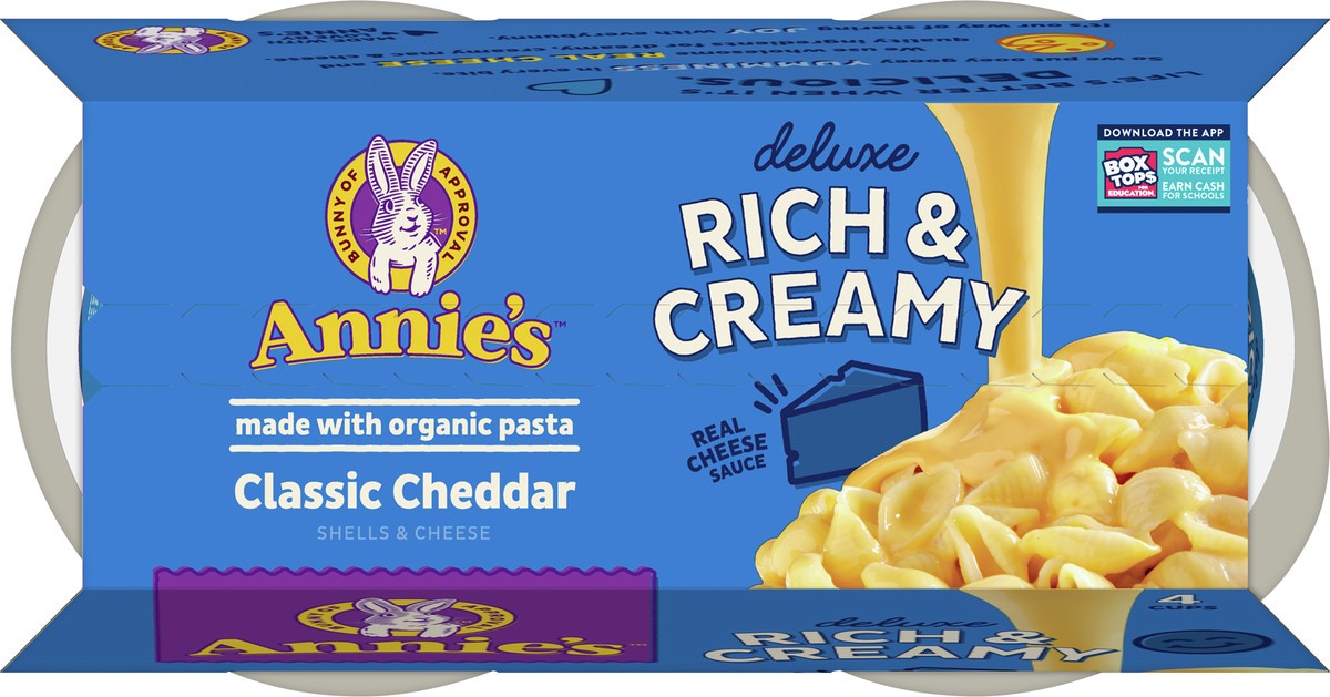 slide 4 of 9, Annie's Classic Cheddar Deluxe Rich and Creamy Mac and Cheese with Organic Pasta, Made with Real Cheese, Dinner Side or Snacks, 4 Cups, 10.4 oz, 4 ct